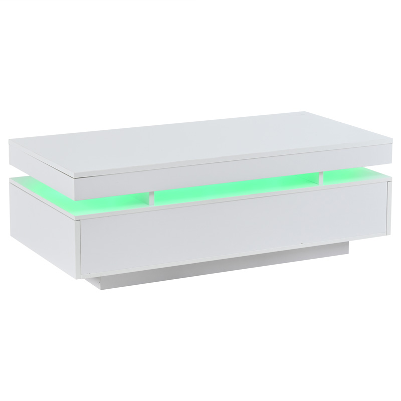 Table basse blanche brillante 100 cm avec deux tiroirs et éclairage LED intégré