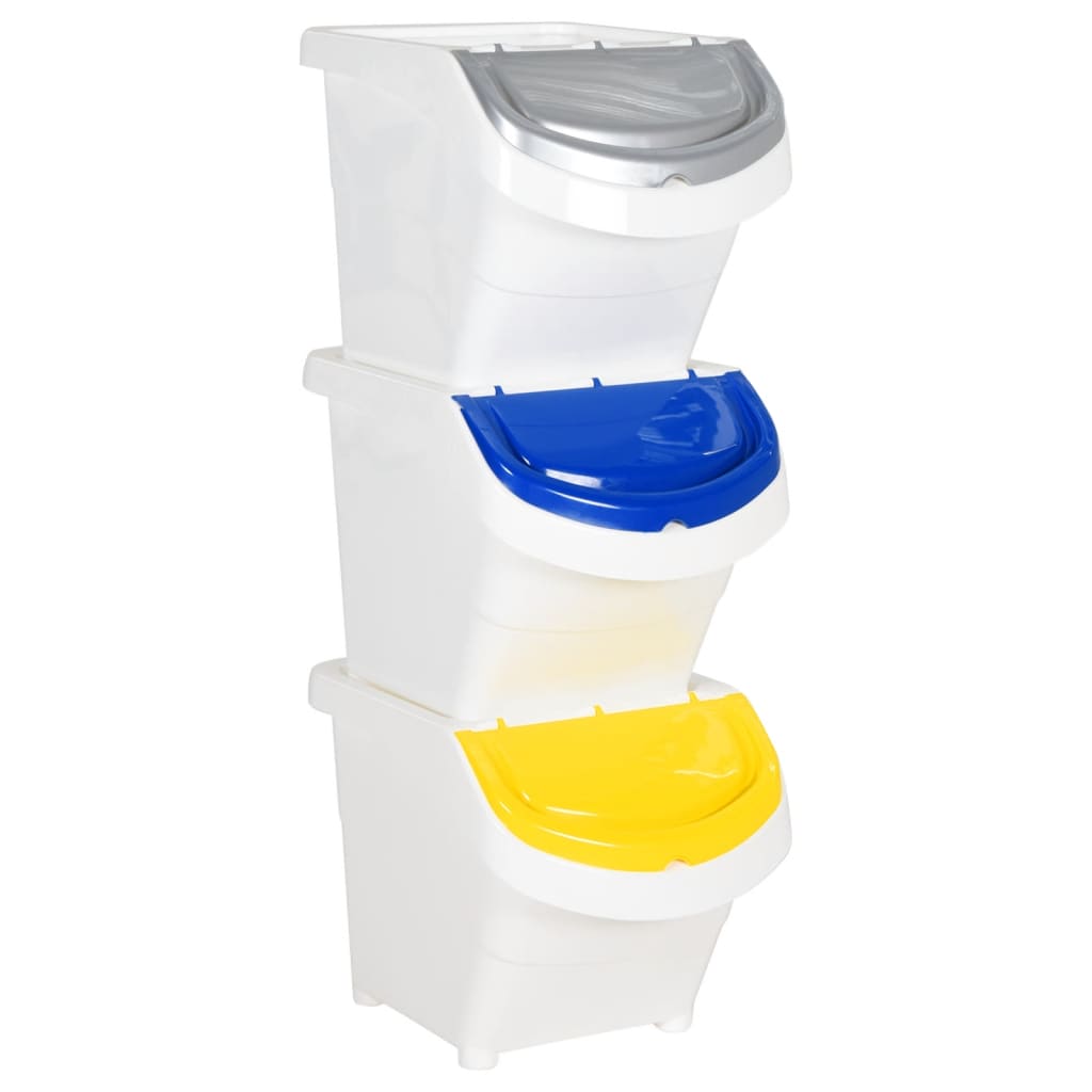 vidaXL Cubos de basura apilables con tapa 3 uds PP blanco 78 L