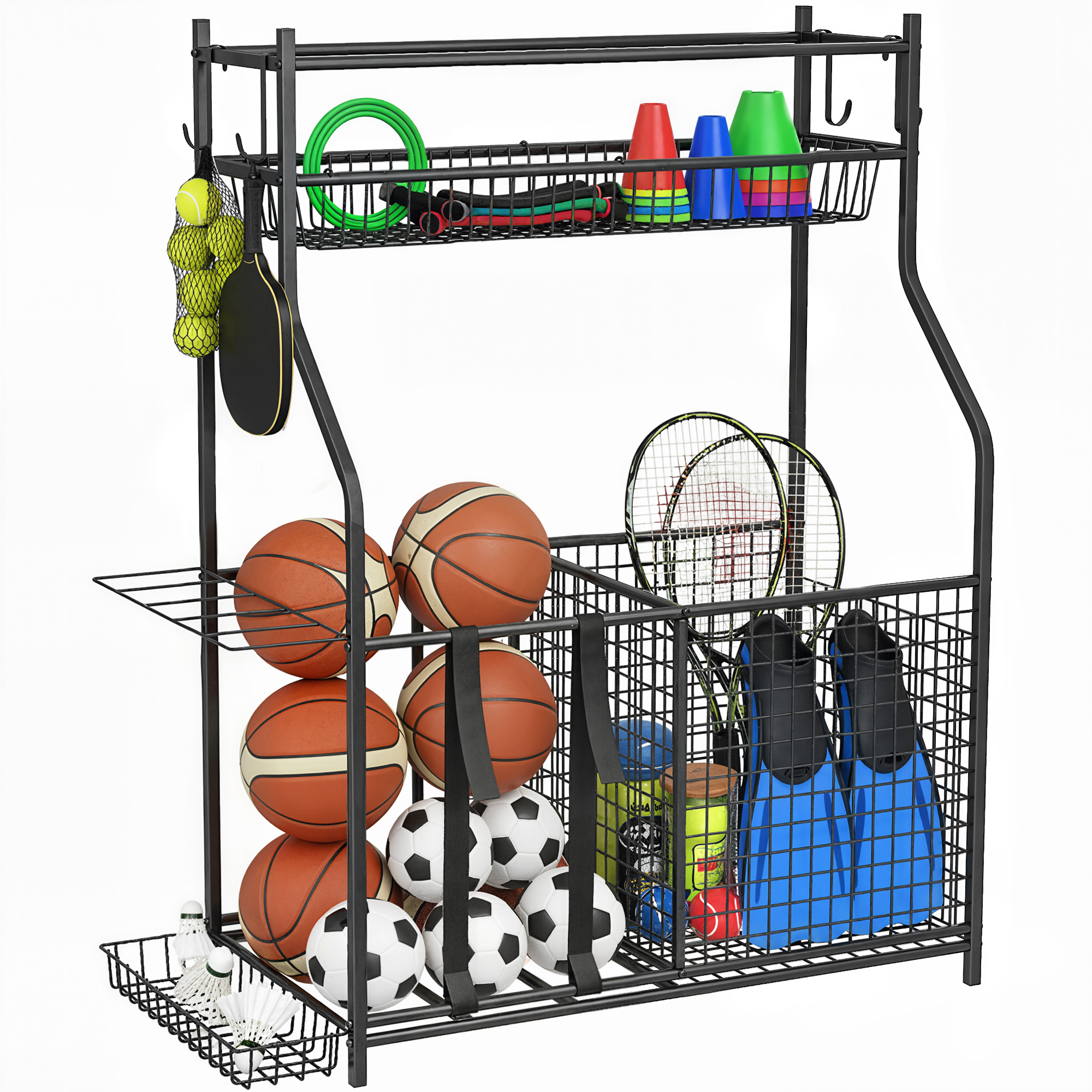SPORTNOW Organizador de Equipos Deportivos, Almacenamiento de Bolas de Garaje con Cesta, Ganchos Extraibles y Bandas Elásticas, Soporte para Balones de Baloncesto, Fútbol, para Casa Gimnasio o Escuela