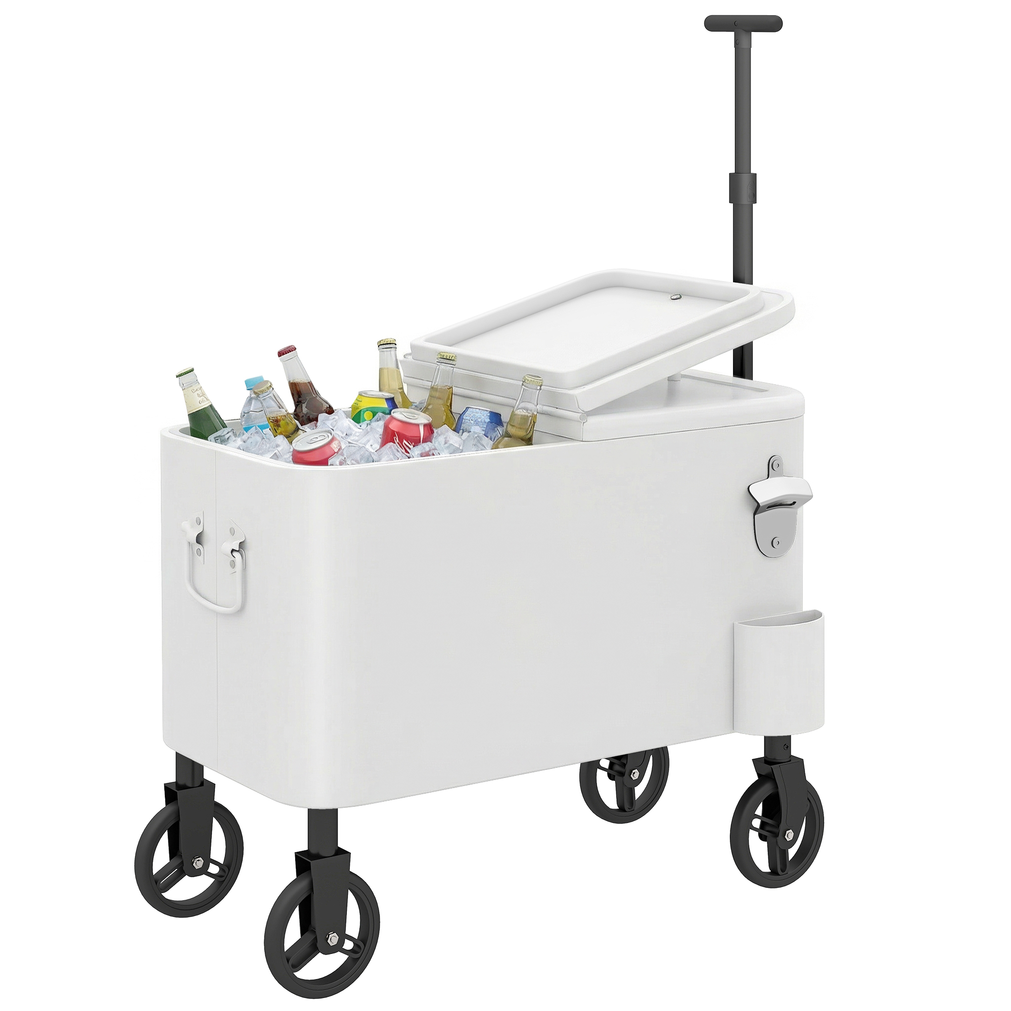 Outsunny Carrito Nevera de 56L con Ruedas, Carro de Bebidas con Mango Ajustable, Abrebotellas, Recogetapas, Drenaje y Asa, Mesa Nevera Jardín Exterior para Patio, Fiesta, BBQ, 75x35x120 cm, Blanco