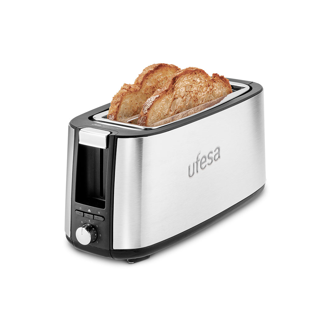 Ufesa - Tostadora Toastie Duo Plus de alta potencia 1400W con 2 ranuras amplias (32x255 mm), 7 niveles de tostado y funciones automáticas: descongelar, recalentar y cancelar, acabado en acero inoxidable y diseño compacto para cocina