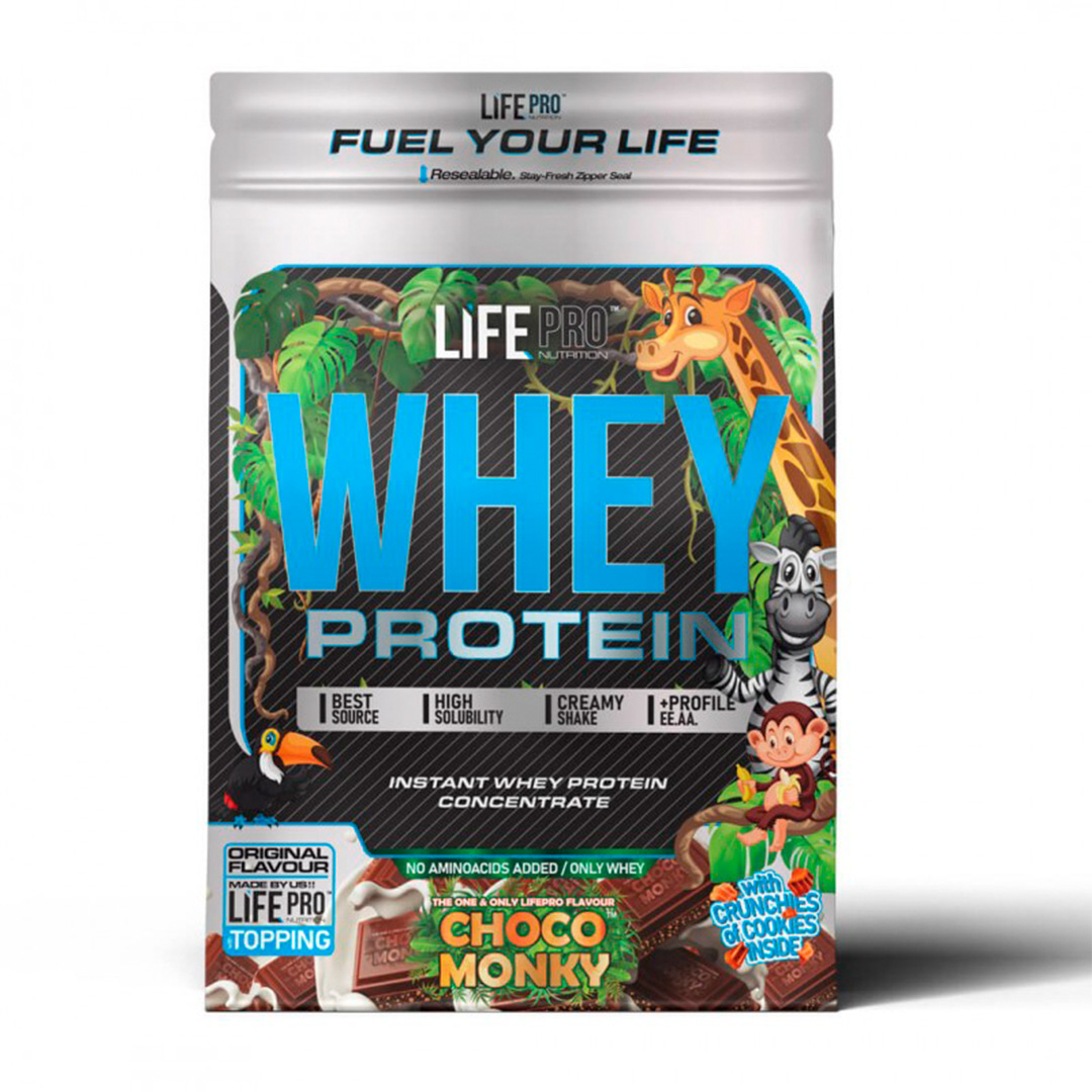 LIFE PRO NUTRITION WHEY CHOCO MONKY 2KG BAG EDITION - Concentrado de Proteina - Delicioso Sabor a Chocolate de la Infancia