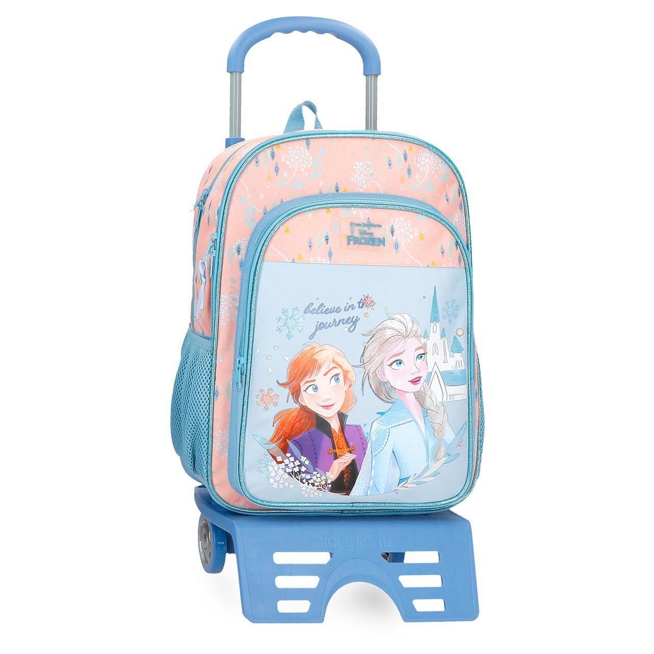 Mochila escolar con carro Disney Frozen believe in the journey azul claro