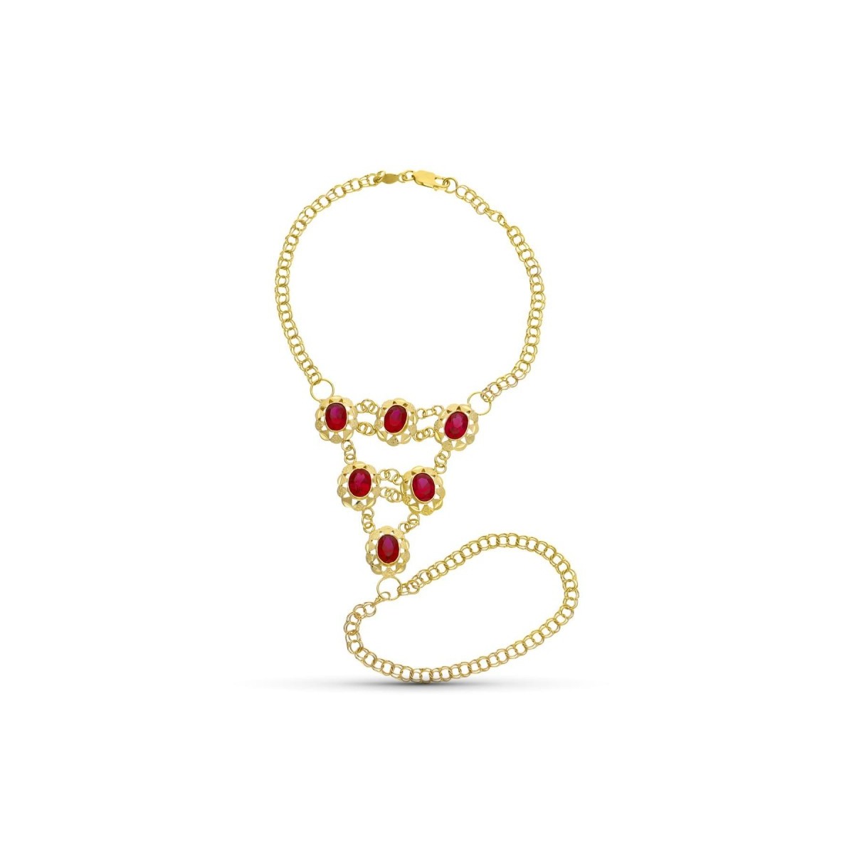 Pulsera oro 18k mujer doble cadena húngara 6 cubanas color rojo centro mosquetón