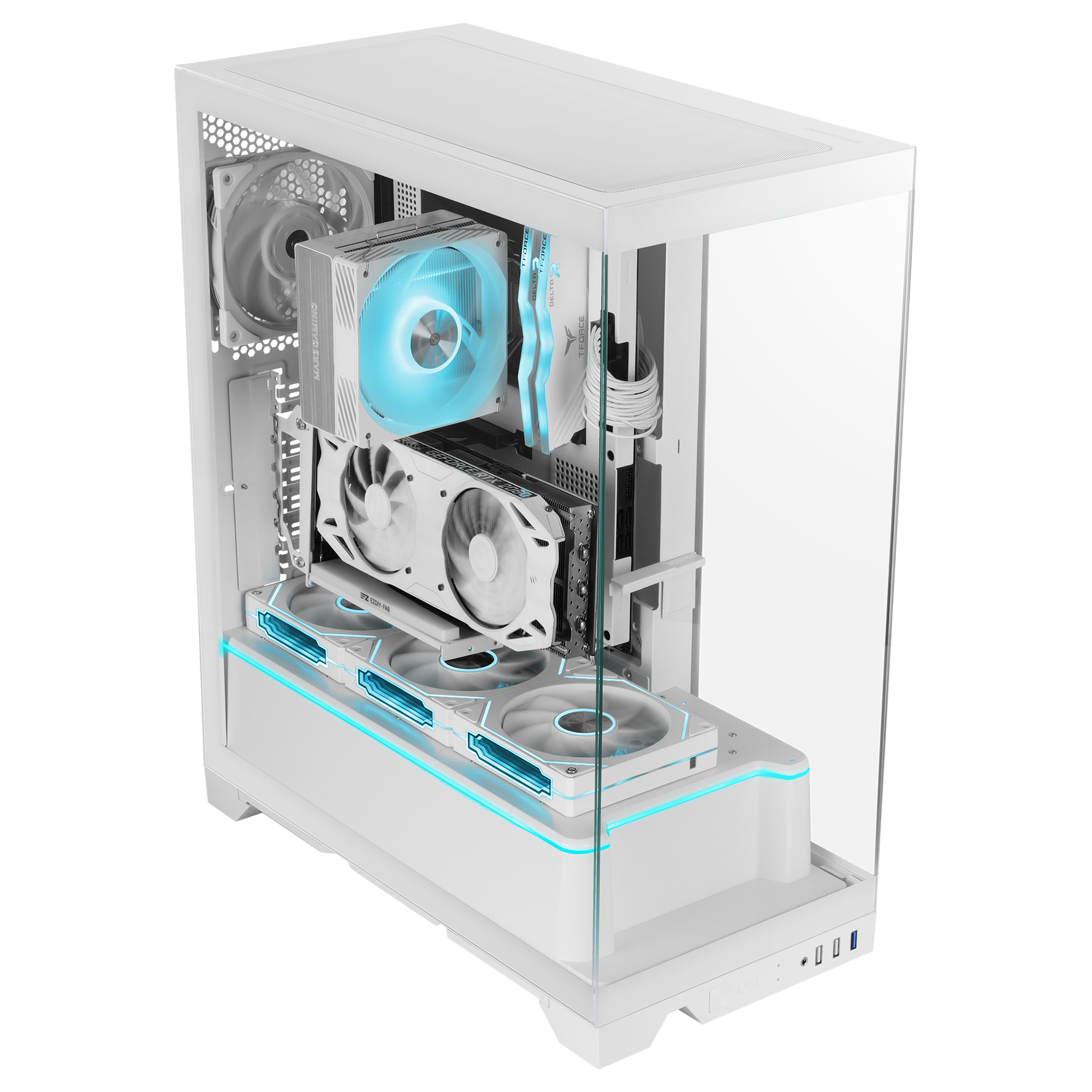 Mars Gaming MC-PRISMA, Caja Gaming ATX, Triple Cristal Templado Continuo Sin Marcos, Iluminación ARGB Lateral y Frontal, Diseño de Doble Cámara, Soporte de Refrigeración Líquida hasta 360mm, Negro o Blanco
