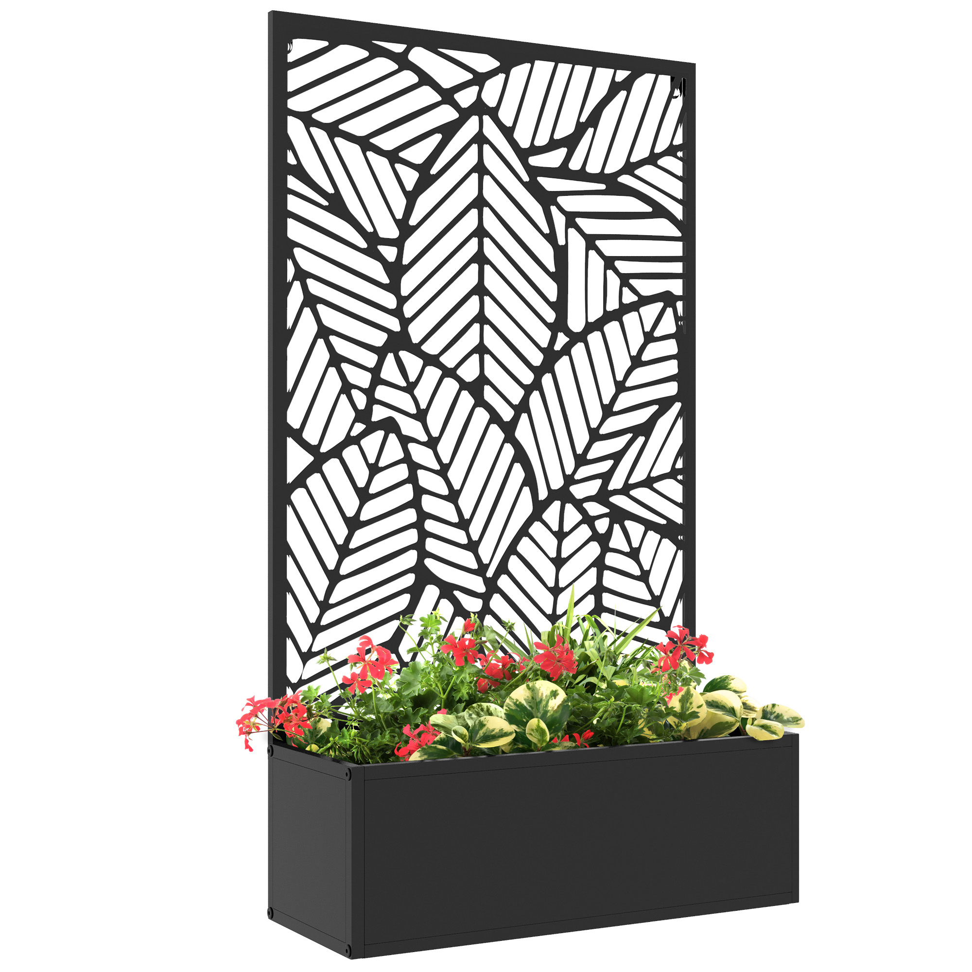 Outsunny Jardinera Exterior Grande de Metal Jardinera con Pantalla de Privacidad de Hojas Decorativas Jardinera de Pared o Independiente para Patio Terraza 61x23x113 cm Negro