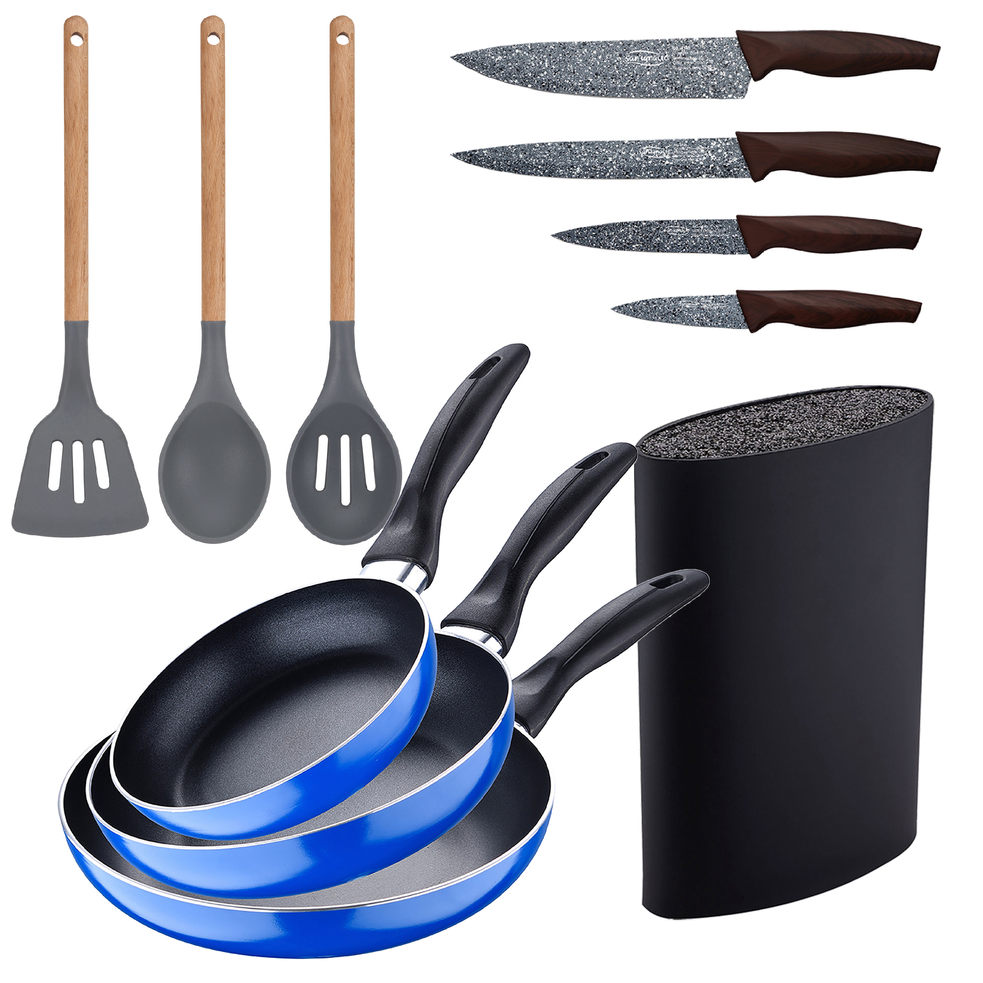 San Ignacio Set 3pc Sartenes Aluminio Prensado Inducción Azul Navy Paradise con Utensilios de Cocina Silicona Madera y Cuchillos