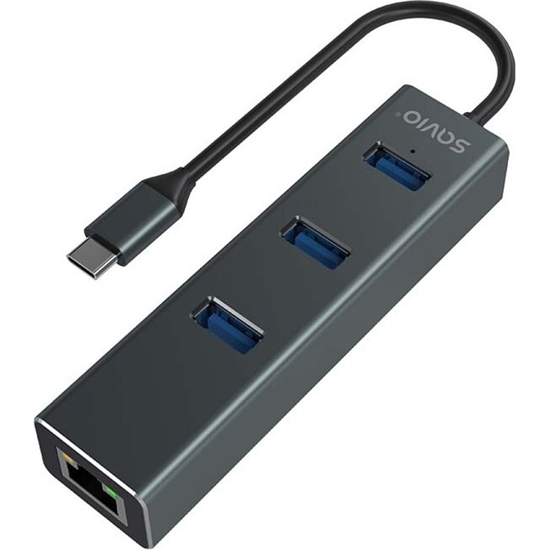 Savio AK-57 USB-C - HUB 3 x USB-A con adaptador RJ-45 Gigabit Ethernet, 5000 Mbit/s, gris