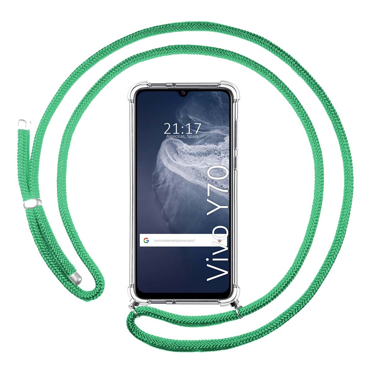 Tumundosmartphone Funda Colgante Transparente para Vivo Y70 con Cordon Verde Agua