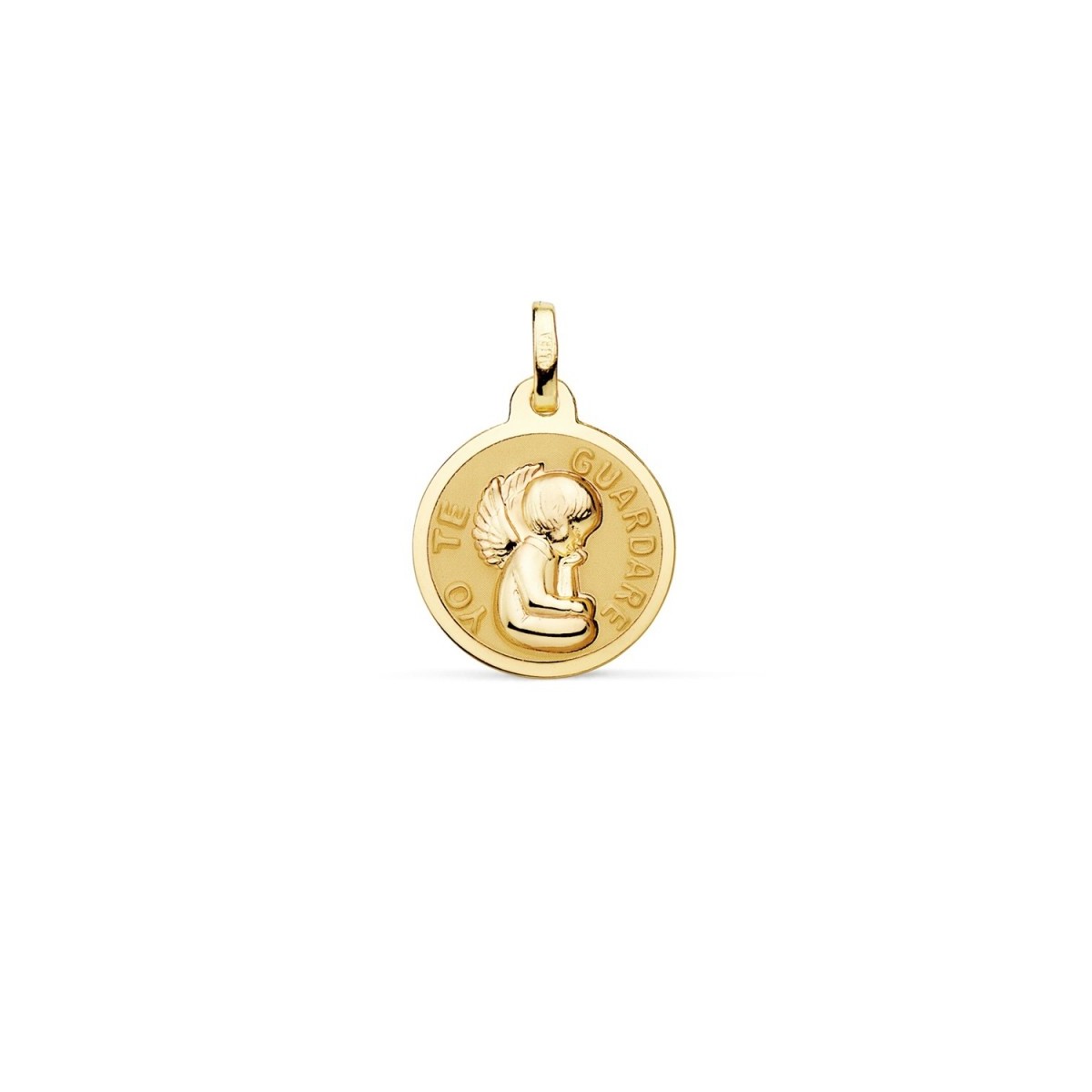 Medalla oro 18k Ángel YO TE GUARDARÉ 16mm. relieve brillo fondo matizado