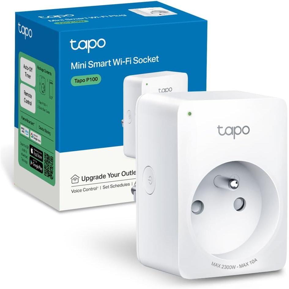 TP-Link Tapo WiFi Smart Socket, enchufe inteligente compatible con Alexa y Google Home, 10 A, cafetera de control, lámpara, calentador de forma remota, no requiere concentrador, Tapo P100 (FR) 1 paquete