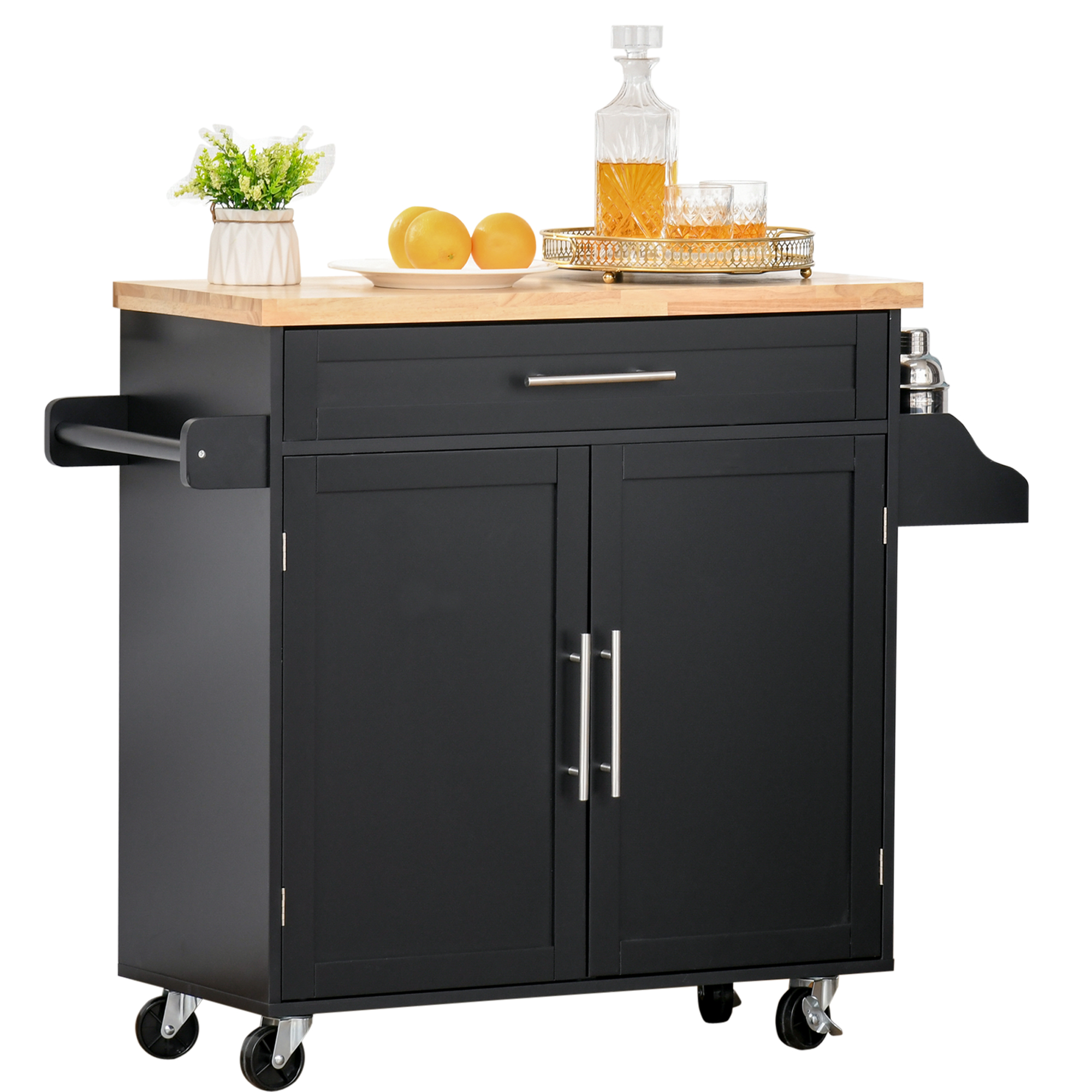 HOMCOM Isla de Cocina con Ruedas, Carro de Cocina con Cajón, 2 Puertas, Especiero, Barra para Paños y Estante Ajustable, para Comedor, 109x40x89 cm, Negro