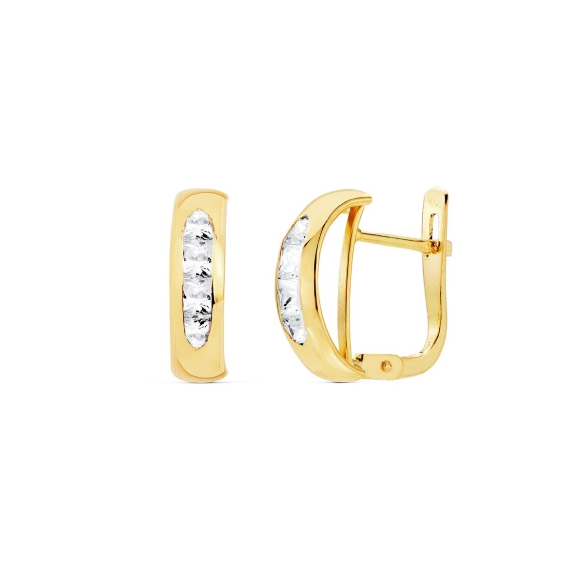 Pendientes oro 18k mujer 13.5mm. forma medio aro banda lisa centro carril circonitas cierre catalán
