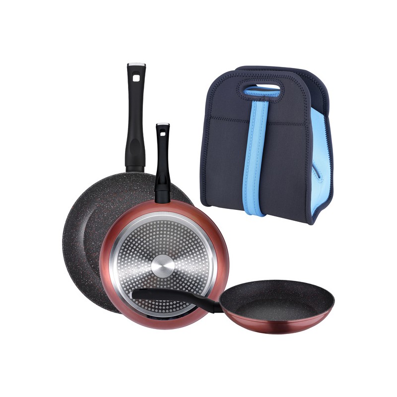 PACK DE 3 SARTENES Ø20/24 y 28 cms + SET DE 3PC DE UTENSILIOS DE COCINA EN  SILCONA Y MADERA