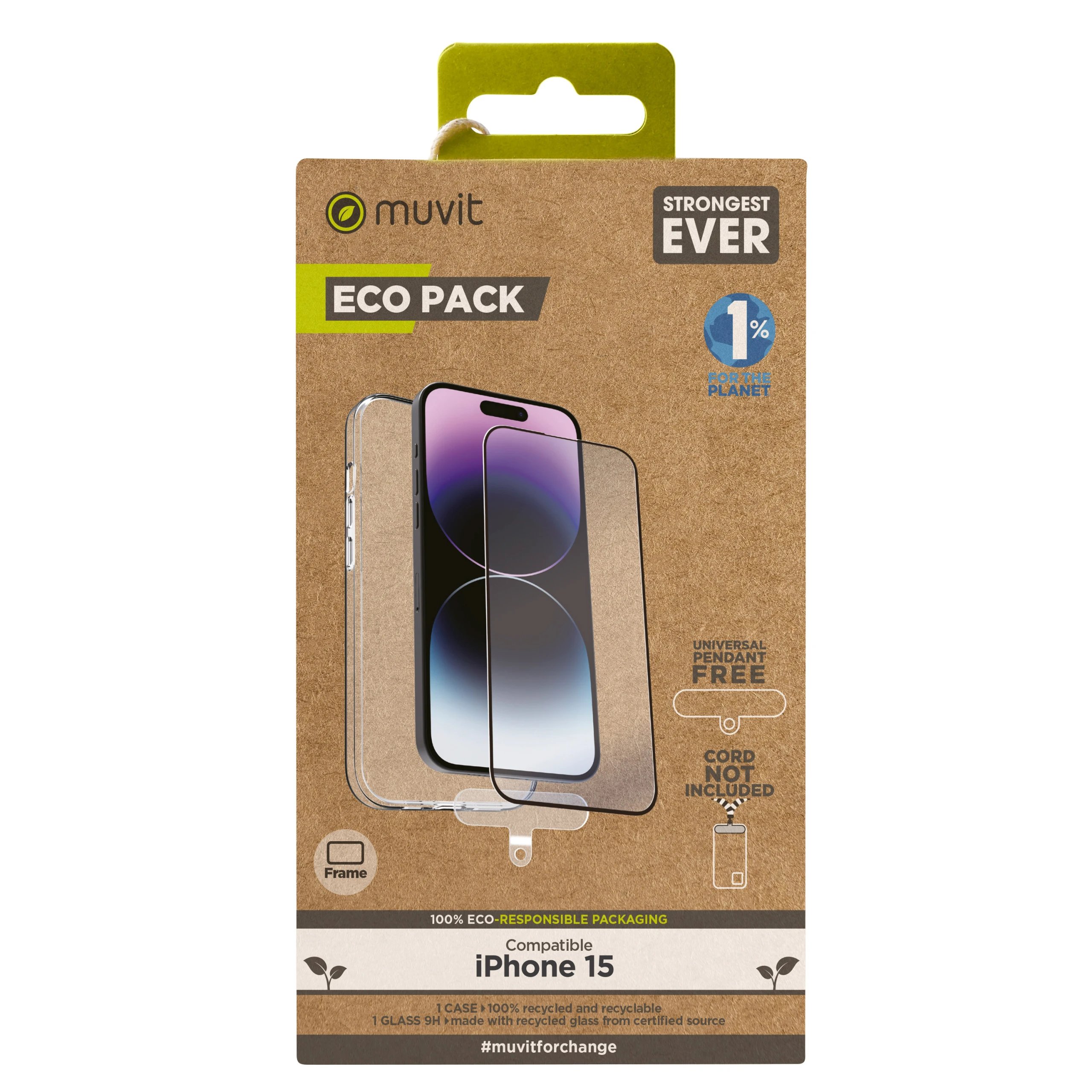 Muvit - Funda Recycletek MCPAK0082 para iPhone 15 con protector de pantalla de vidrio templado plano y marco negro, 100 % reciclada y reciclable, diseño ecológico ECO Toner