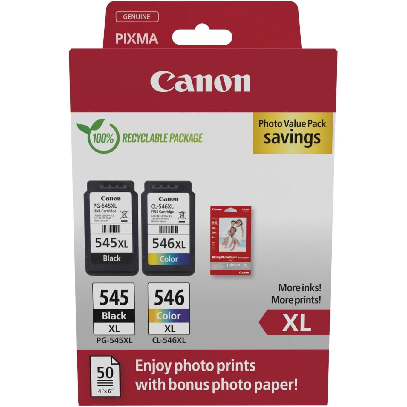Canon PG-545XL + CL-546XL Cartuchos de Tinta Originales 2 Pack (1 x Negro, 1 x Color) + Papel Fotográfico 4x6 (50 x Hojas), Compatible Impresoras Pixma MG3050, MG3051, TR4551, TR4550, TS3350, TS3351, TS3352, TS3450, TS3451, TS3452, TS3355, TR4650, TR4651