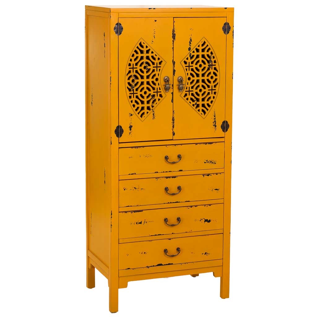 Wonderlust Deco - Armario de madera con 4 cajones y 2 puertas amarillo 60x40x140h cm Amarillo 60x40x140h cm