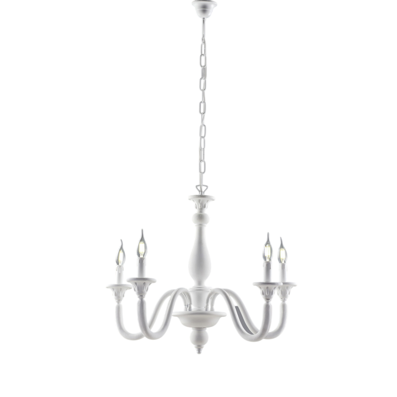 Lámpara de araña Lucca Shabby de madera blanca, 5 luces, 116 cm, Ø62 cm, BL271-5-BCO - Bonetti Illumina