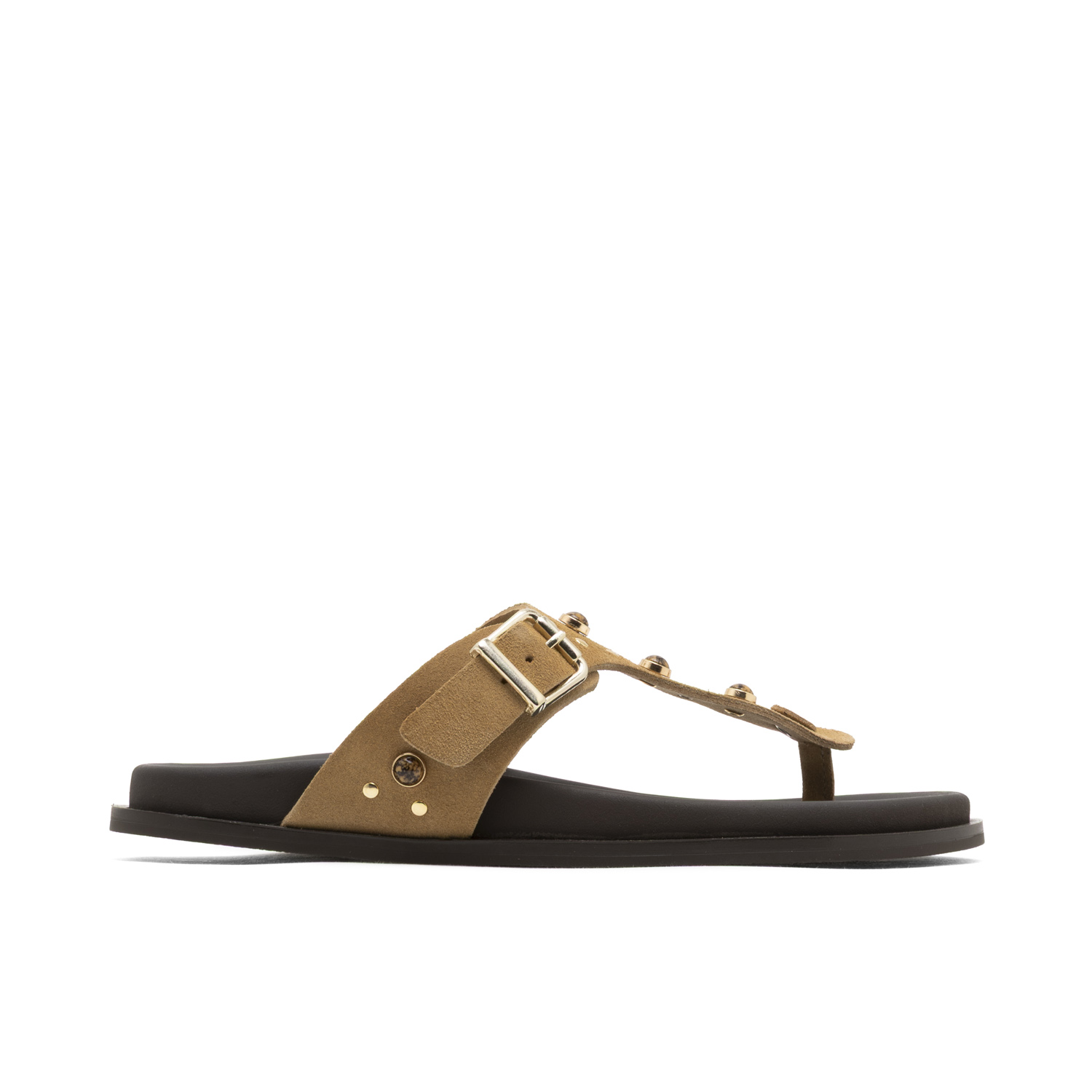 Sandalia plana esclava de piel Harper camel, estilo bio, con pedrería multicolor y hebilla ajustable para mayor sujeción. Plantilla ergonómica que ofrece comodidad todo el día. Fabricada artesanalment