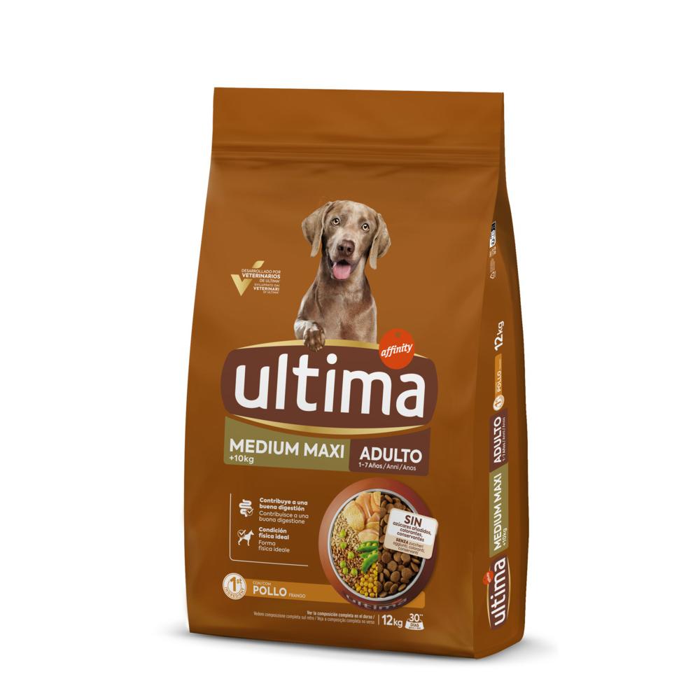 Ultima Medium-Maxi Adult con Pollo, Verduras, Arroz y Cereales Integrales. Comida Seca para Perros, Huesos y Articulaciones Fuertes. Paquete de 12kg.
