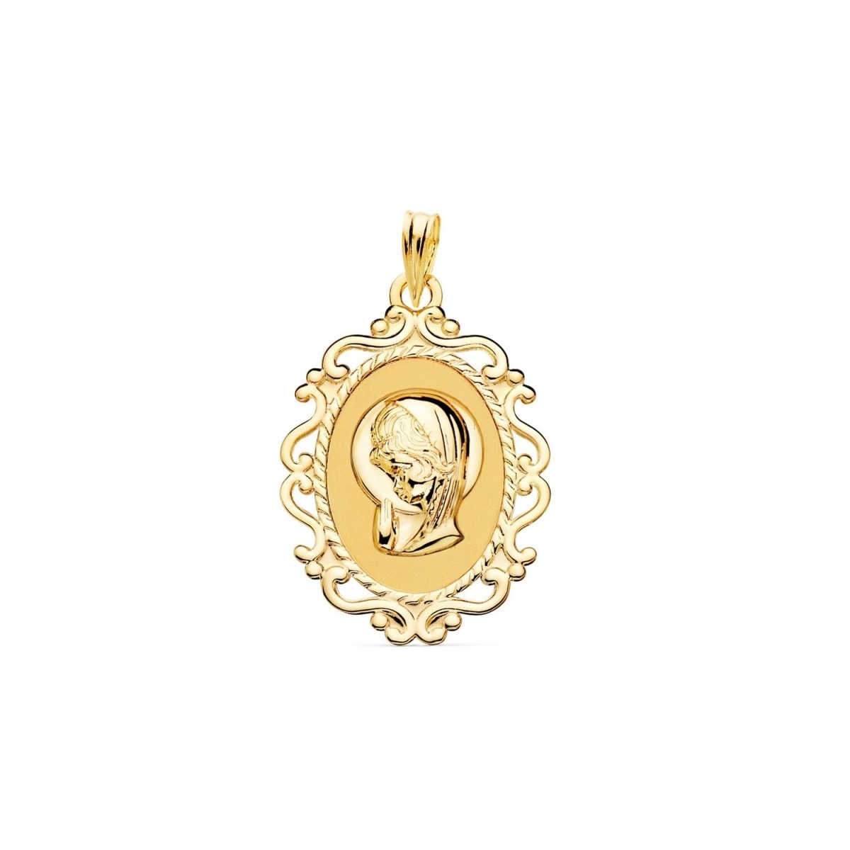 Virgen Niña medalla oro 18k Primera Comunión colgante 31 mm. ovalada borde detalles calados