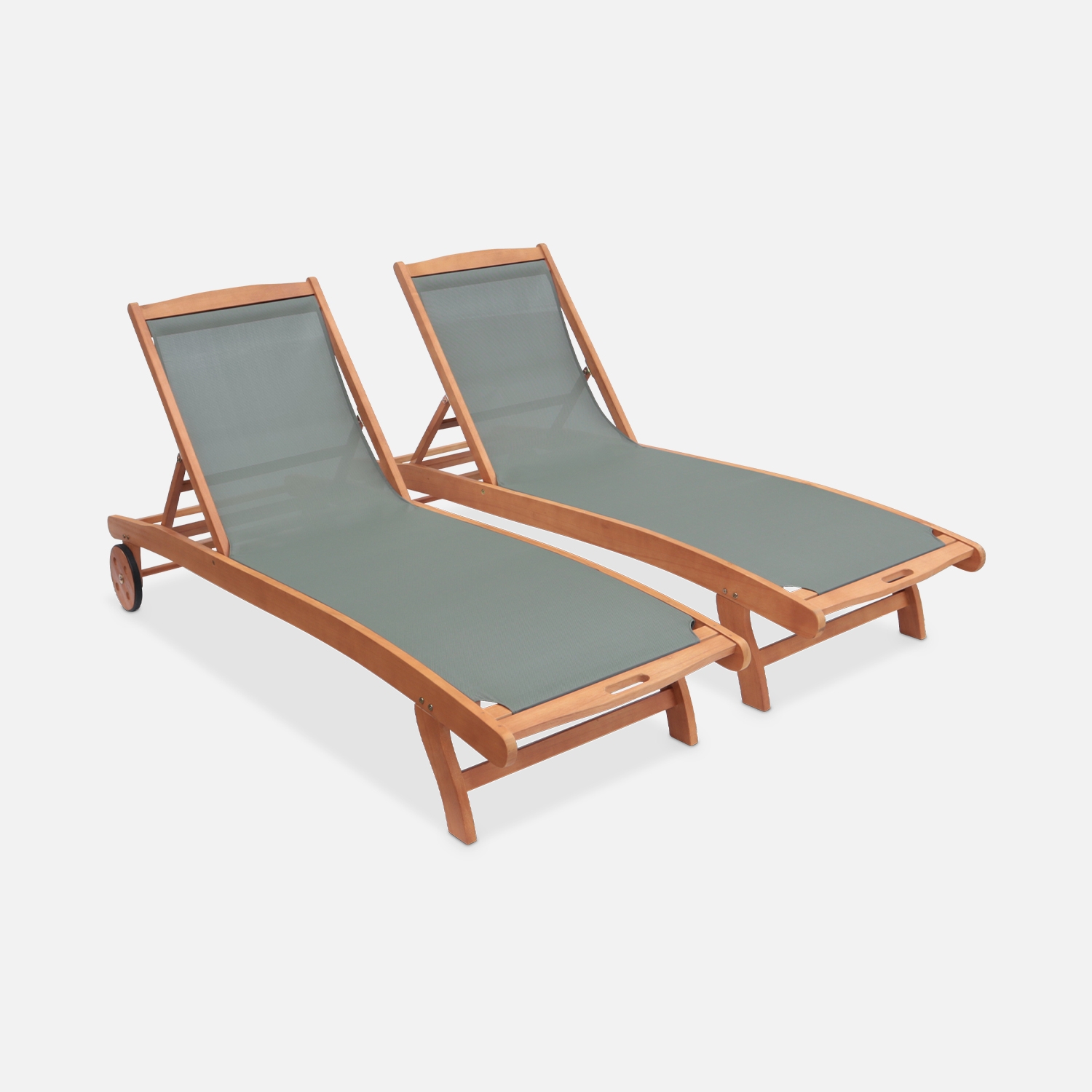 sweeek - Tumbona de madera multiposición con ruedas, set de 2, Marbella, Verde kaki, 196x68x91 cm