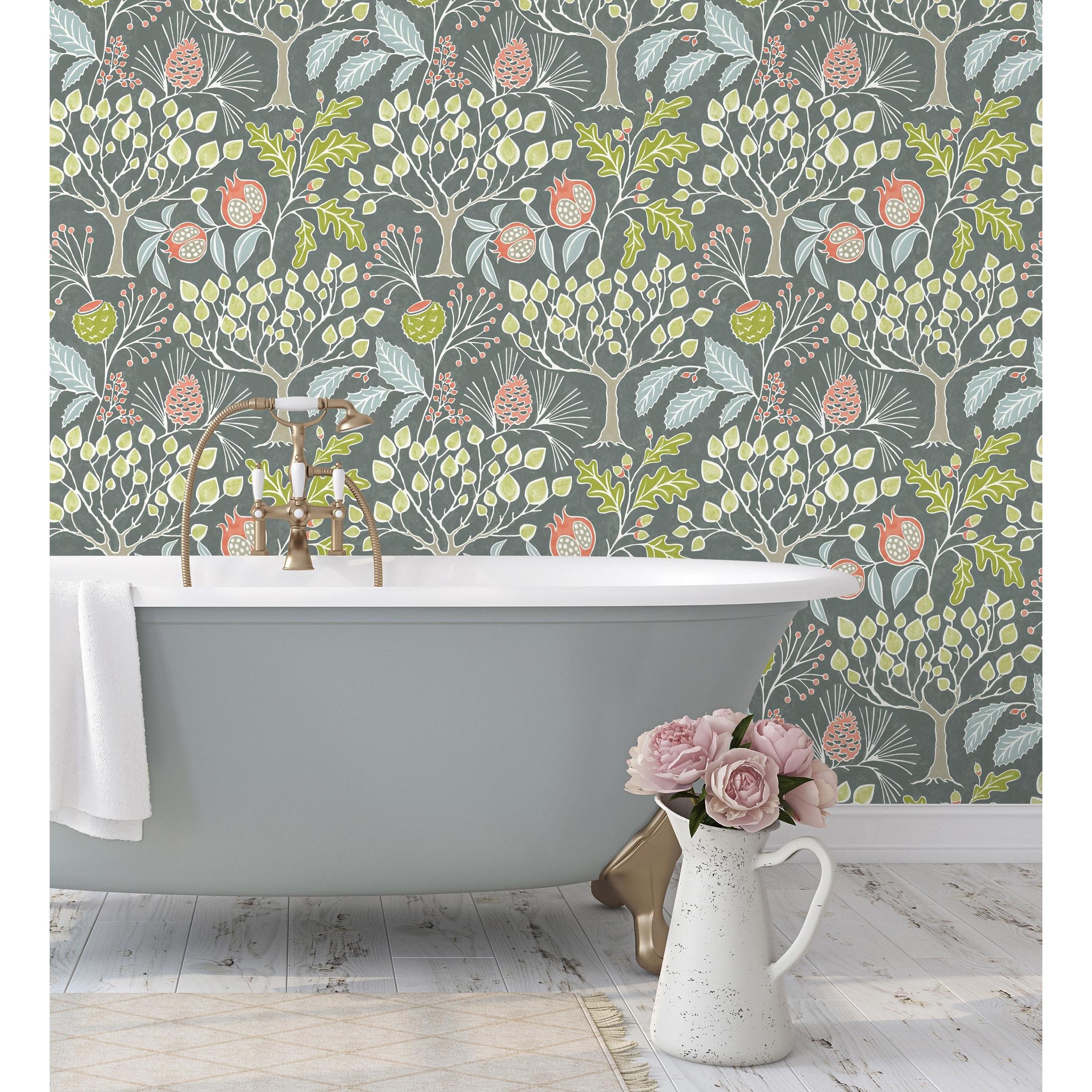 Papel pintado vinílico ecológico nórdico de árboles con frutos - Kayla Forest 680618 de GAULAN - Rollo de 10 m x 0,53 m