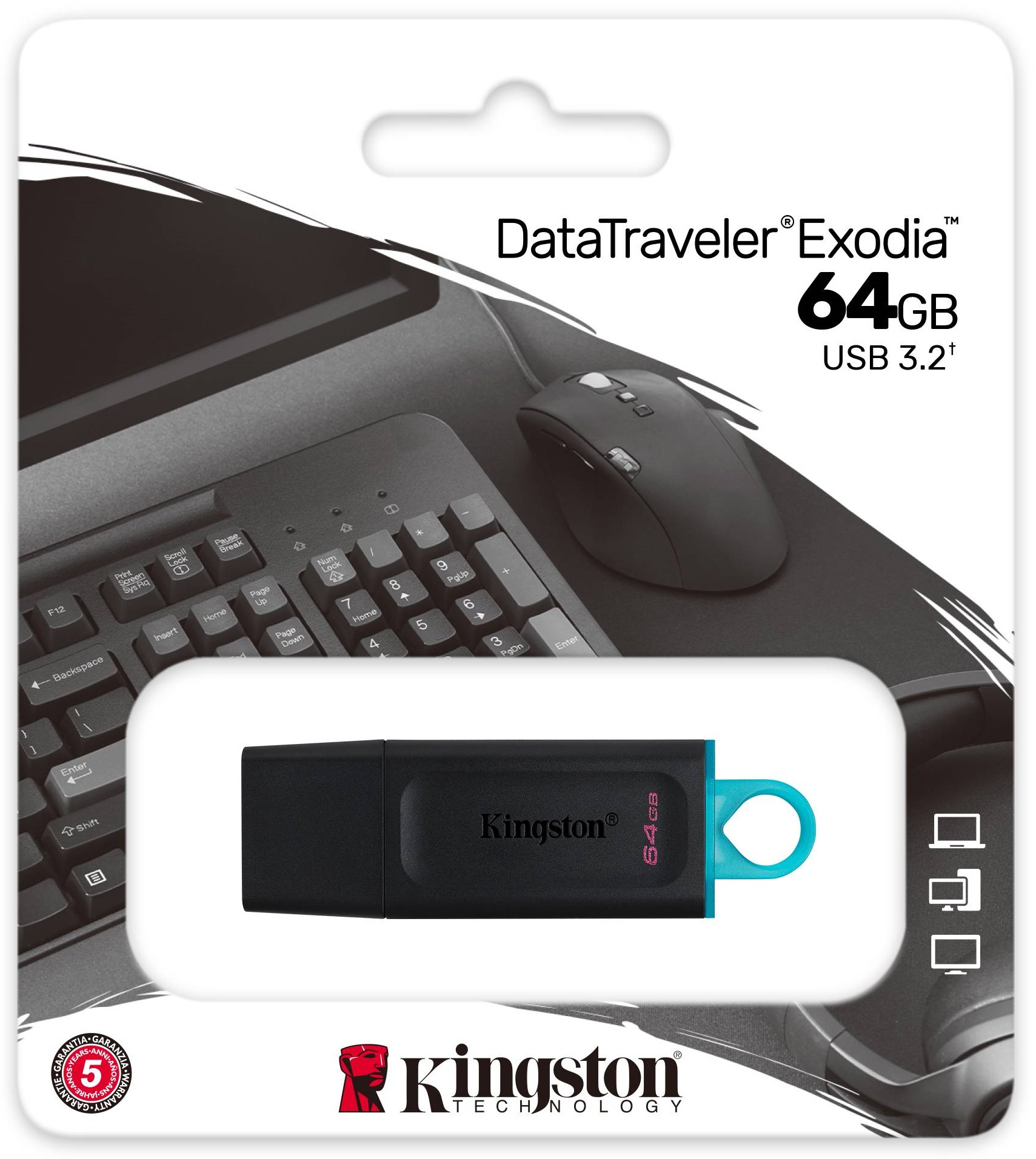 Kingston - PENDRIVE 64GB KINGSTON DATATRAVELER EXODIA NEGRO - USB 3.2 GEN 1 - CON TAPA