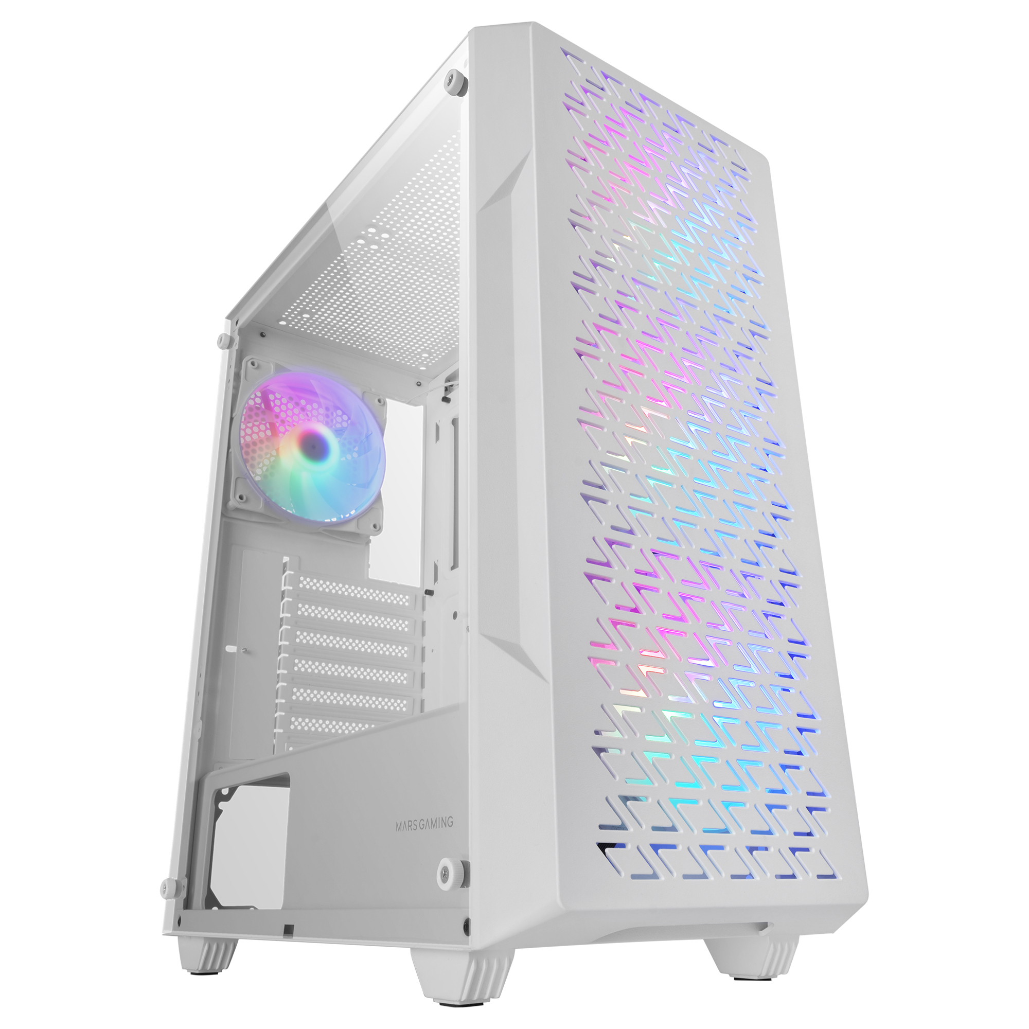Mars Gaming MC-GEO, Caja Gaming ATX, 4x Ventiladores FRGB Rainbow 12cm, Panel Frontal Mesh Geométrico, Ventana Lateral Cristal Templado, Semitorre PC Doble Cámara, Soporte Refrigeración Líquida, Caja PC Negra o Blanca