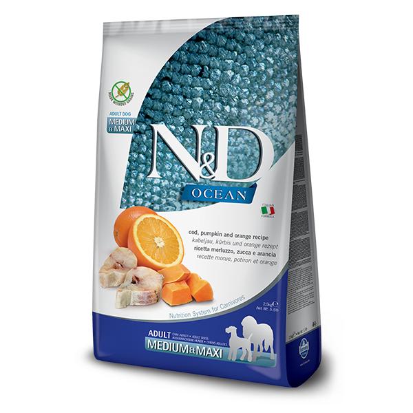 FARMINA N&D DOG OCEAN PUMPKIN MEDIUM MAXI BACALAO 12KG / Bacalao, calabaza y naranja. Alimento completo para perros adultos.