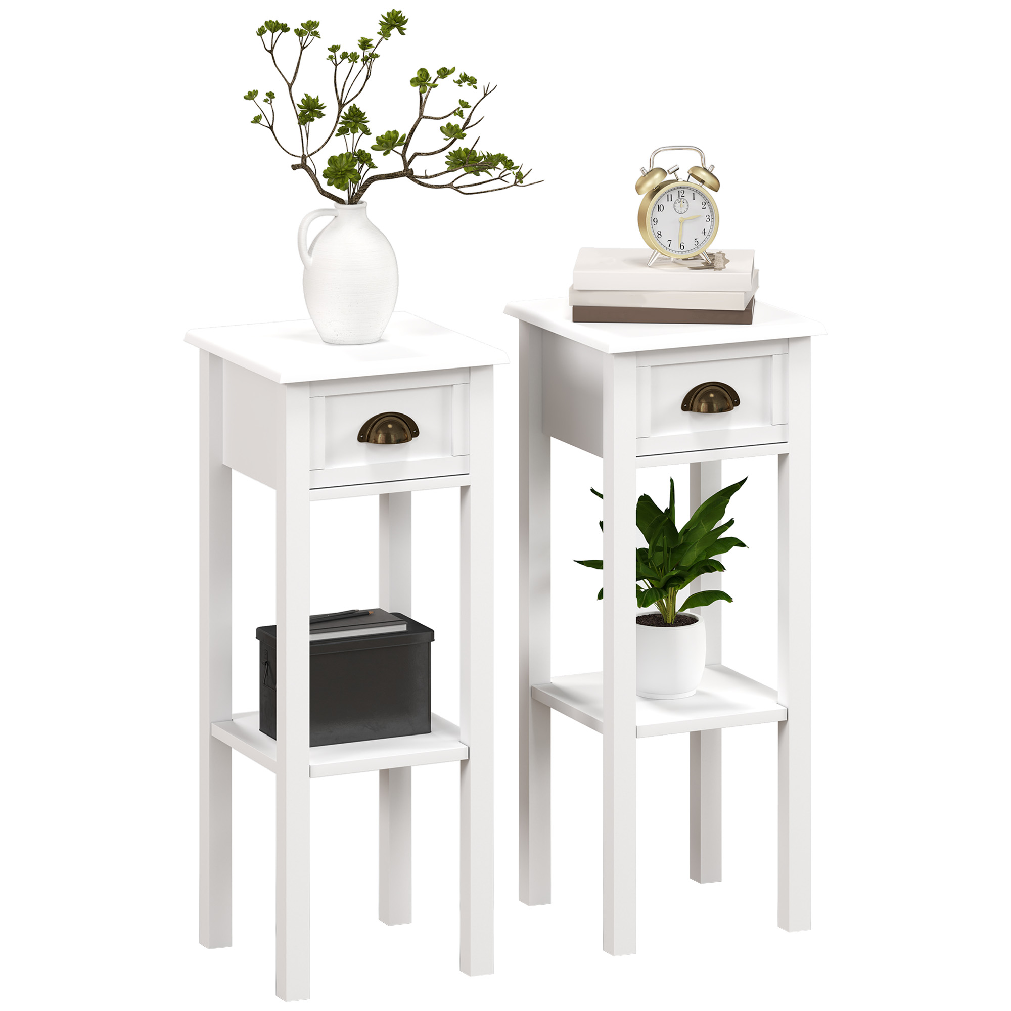 HOMCOM Juego de 2 Mesas Auxiliares Modernas, Mesas Auxiliares para Sofá, con Cajón y Estante, Mesitas de Noche para Salón, Dormitorio, 30x30x75 cm, Blanco