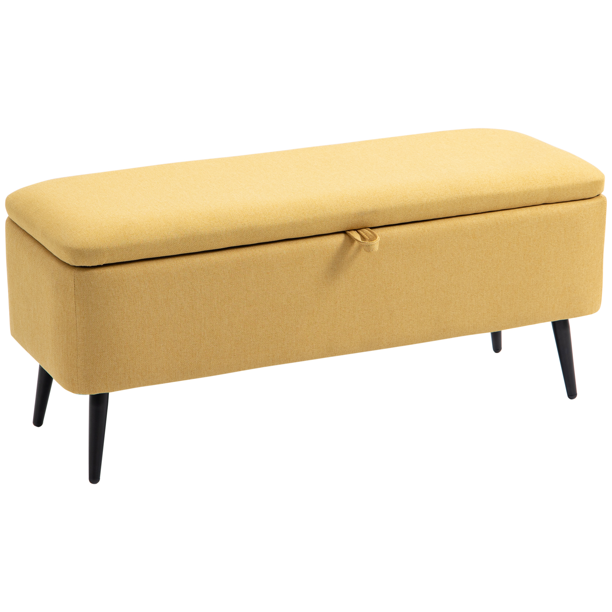 HOMCOM Puff Almacenaje Banco Almacenaje 61L Tapizado en Lino Sintético con Tapa Abatible y Patas de Acero para Dormitorio Salón Entrada Carga 150 kg 101x38,5x44,5 cm Amarillo