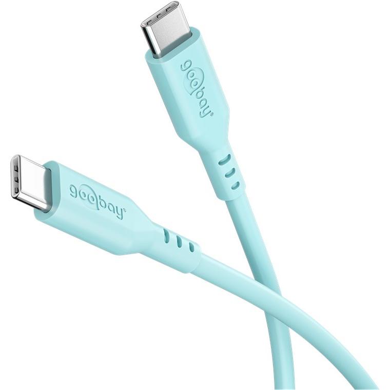 goobay Cable USB-C a USB-C de silicona 1.5 m, turquesa – carga rápida 60 W PD, transferencia de datos 480 Mbit/s, flexible, anti-enredos, con brida de sujeción, para smartphones, portátiles, consolas