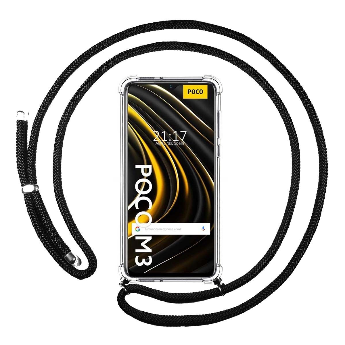 Tumundosmartphone Funda Colgante Transparente para Xiaomi POCO M3 / Redmi 9T con Cordon Negro