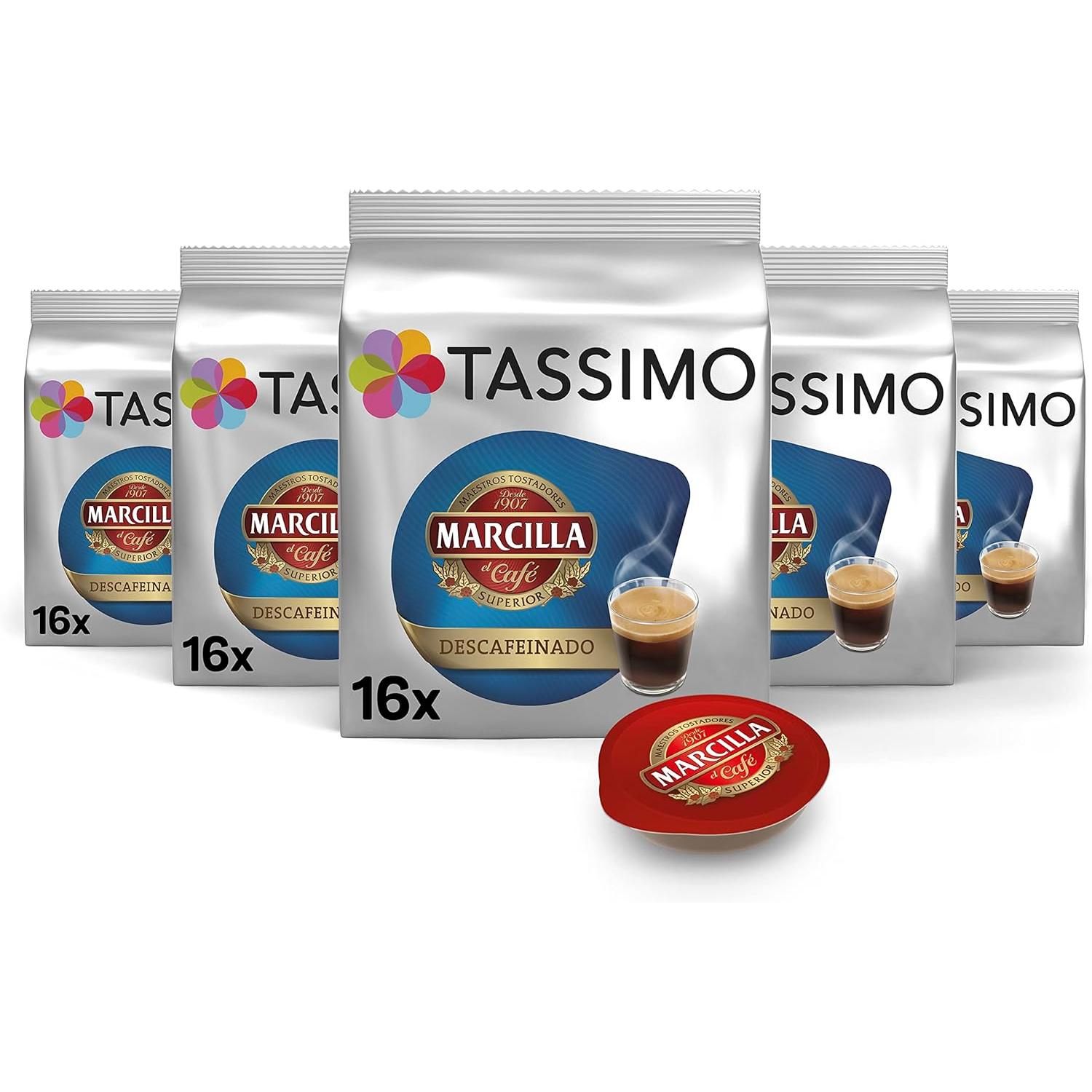 Tassimo Cápsulas Marcilla Café Descafeinado 5 paquetes de 16 cápsulas total 80 Cápsulas