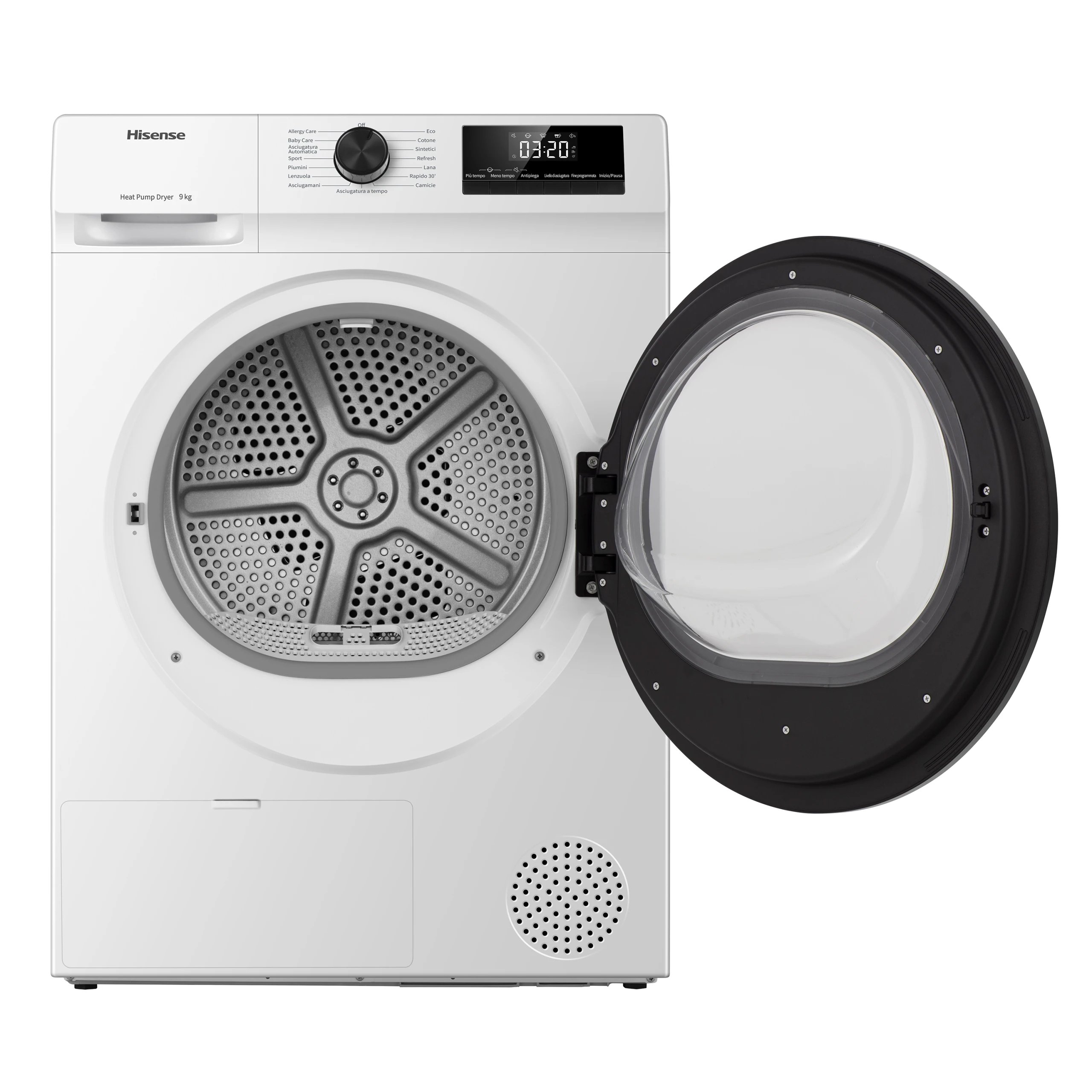 Hisense - Secadora de ropa DHQE900UWDC de bomba de calor 9 kg clase energética D, blanco, con ciclo Allergy Care y función antiarrugas