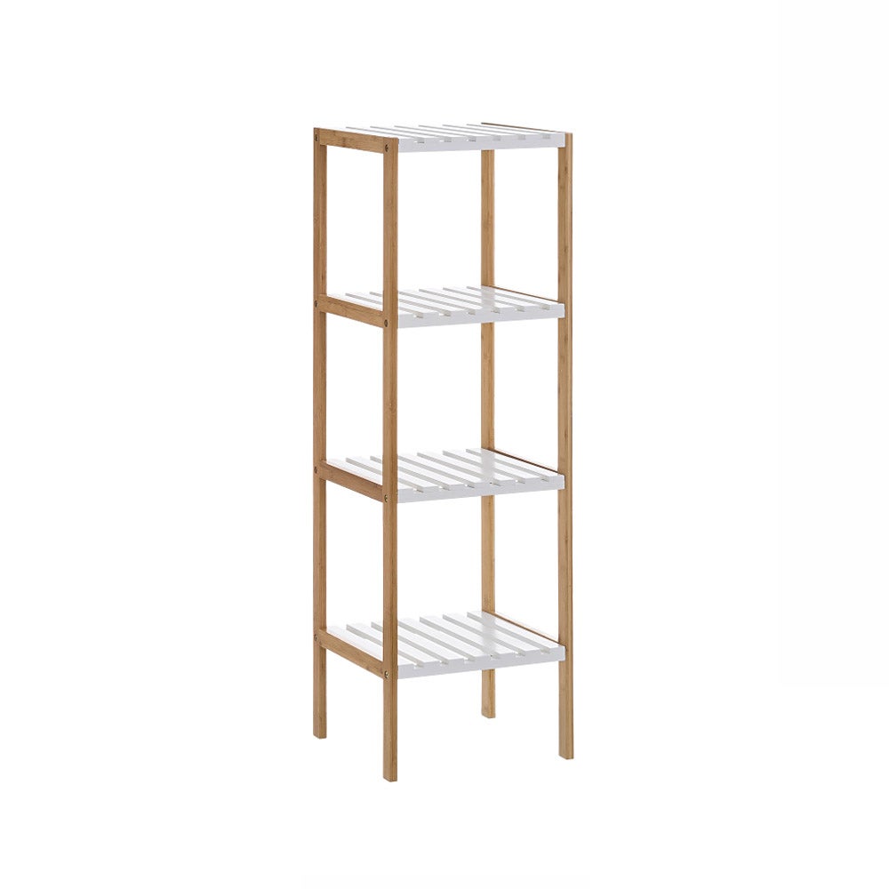 Estantería de pie de bambú natural con 4 baldas blancas de 33x34x110 cm Estante bicolor para baño, cocina, despacho o salón. Almacenaje elegante de estilo nórdico. Resiste 5kg por balda CasaSelección