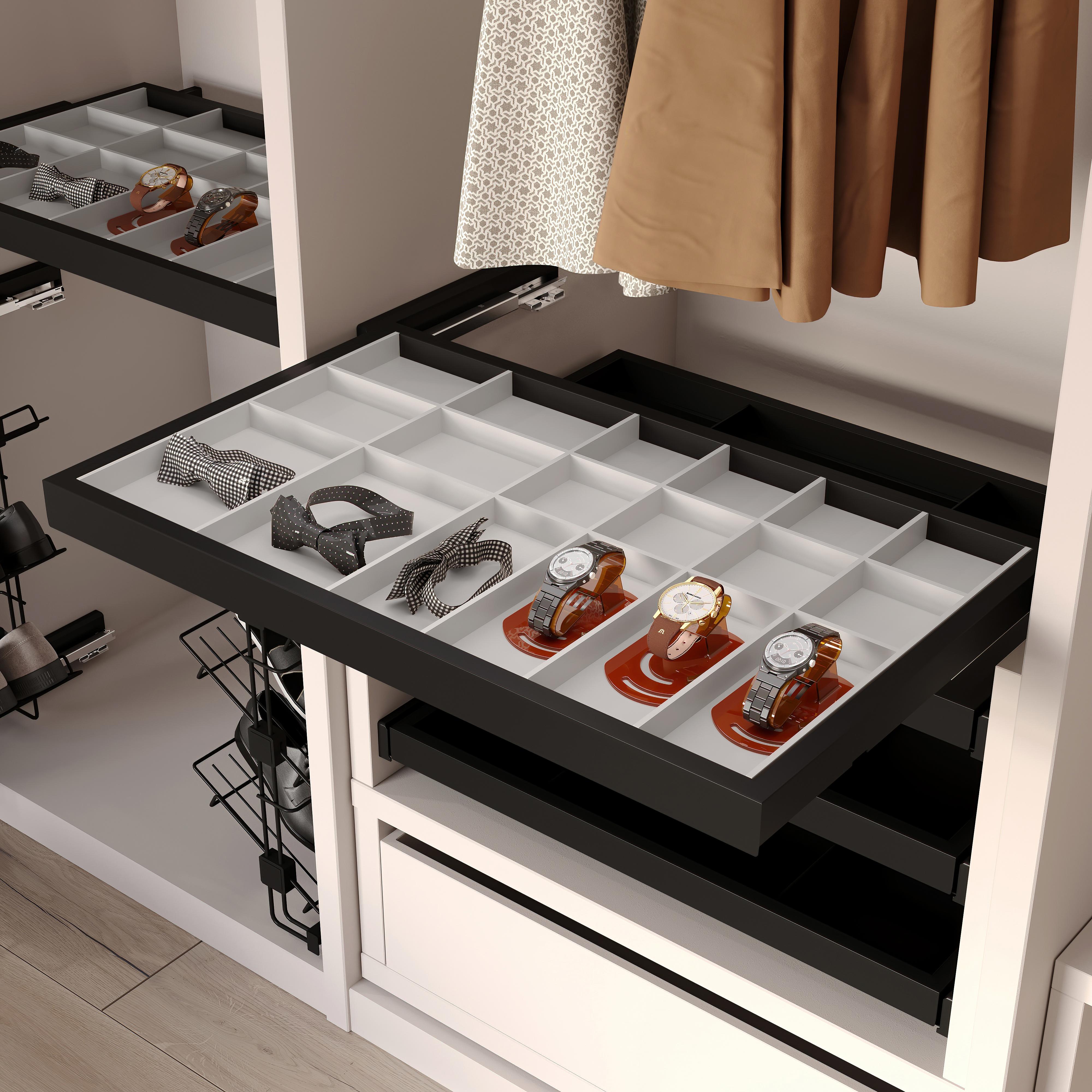 Kit de cajón organizador, bandeja auxiliar y bastidor de guías con cierre suave para armarios, regulable, módulo 900mm, negro texturizado