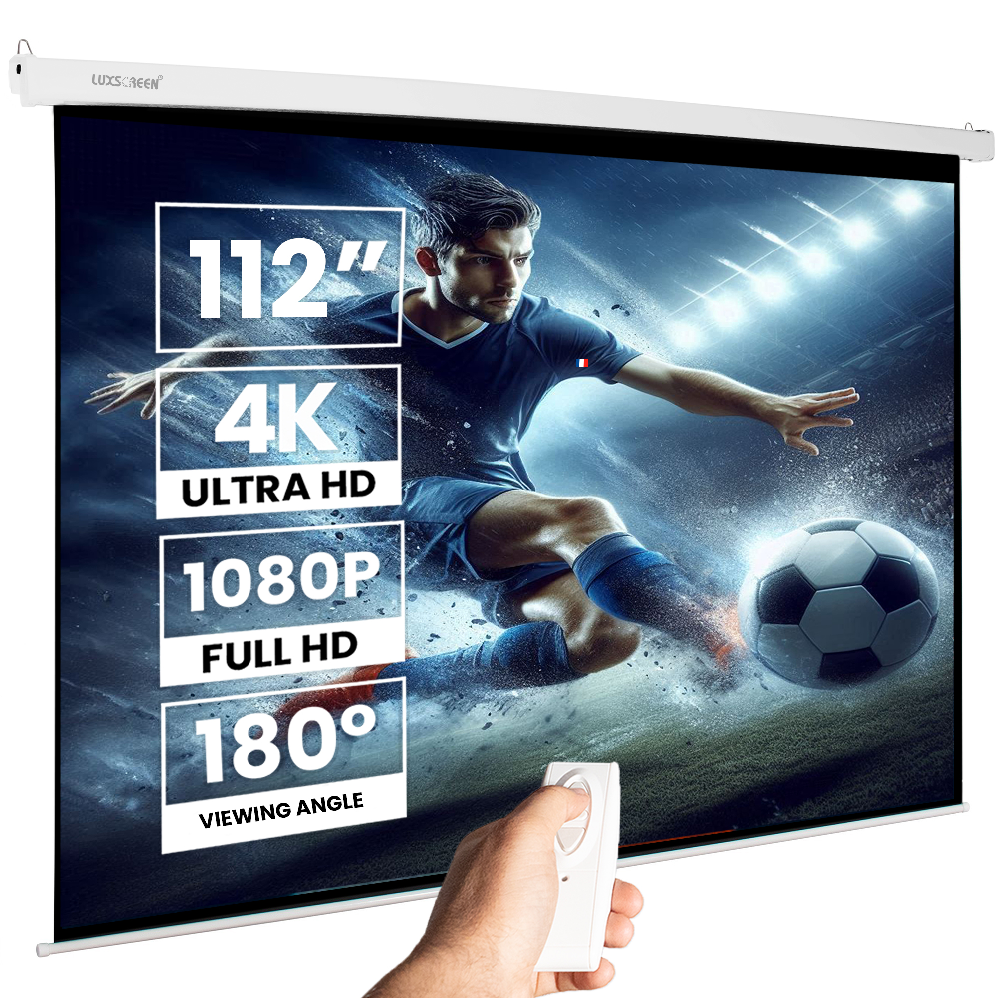 Pantalla para proyector Eléctrica 112" 1:1, Luxscreen, Área Visible Blanca 200 x 200 cm, Requiere un Espacio de instalación de 223cm, Instalación a Pared ó Techo, Incluye mando a distancia radiofrecuencia, Motor sincrónico sin mantenimiento, Borde negro