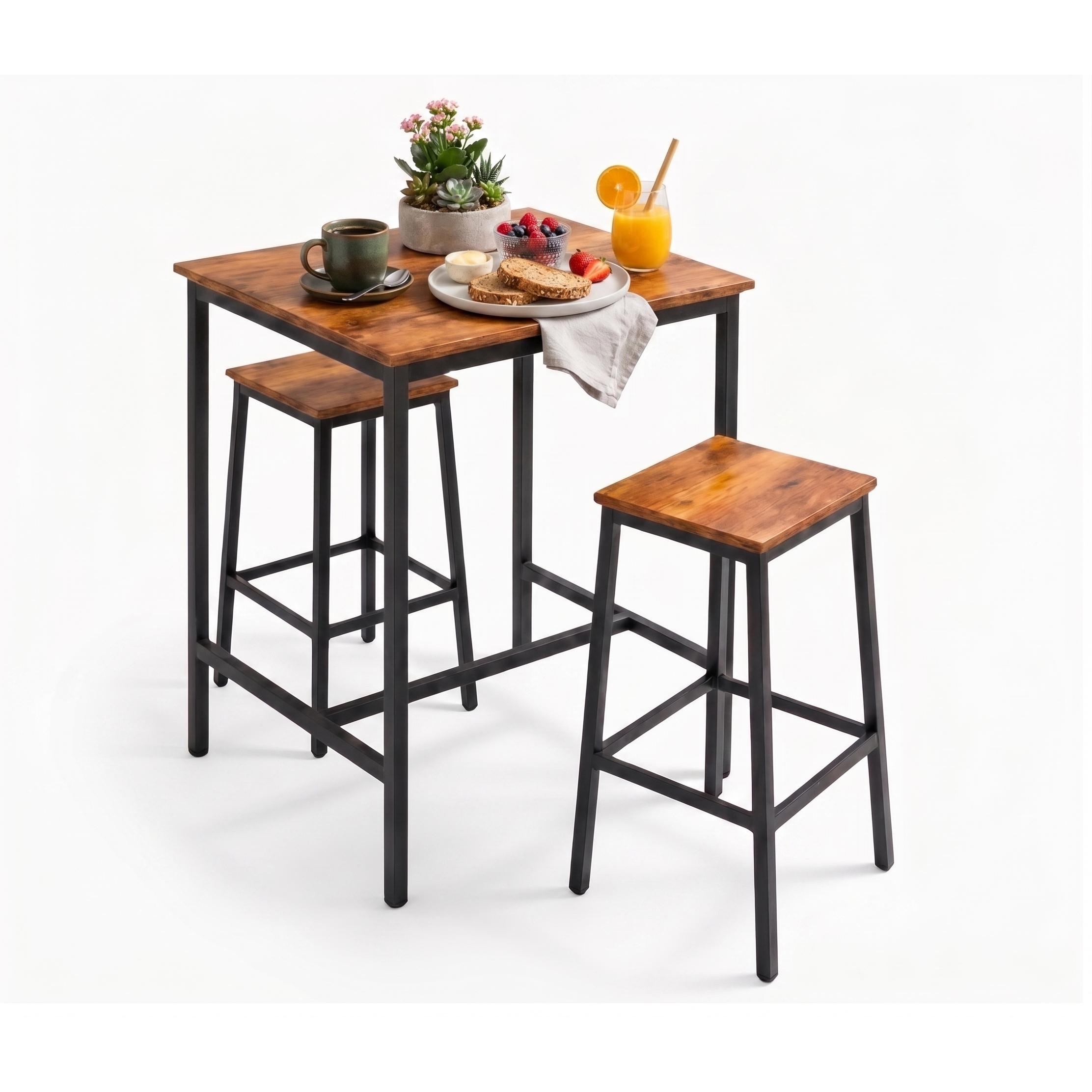 Conjunto Mesa Alta con 2 Taburetes, Diseño para Cocina y Salón, Estructura de Metal y Madera, Ideal Desayuno y Espacios Reducidos