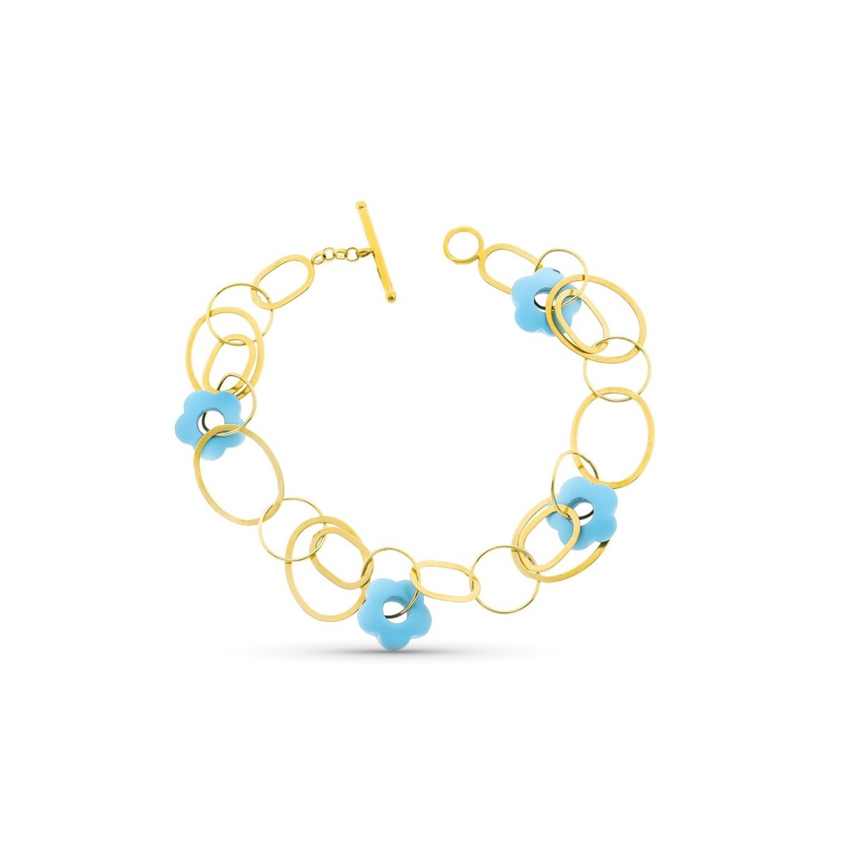 Pulsera oro 18k mujer circulos calados flor turquesa