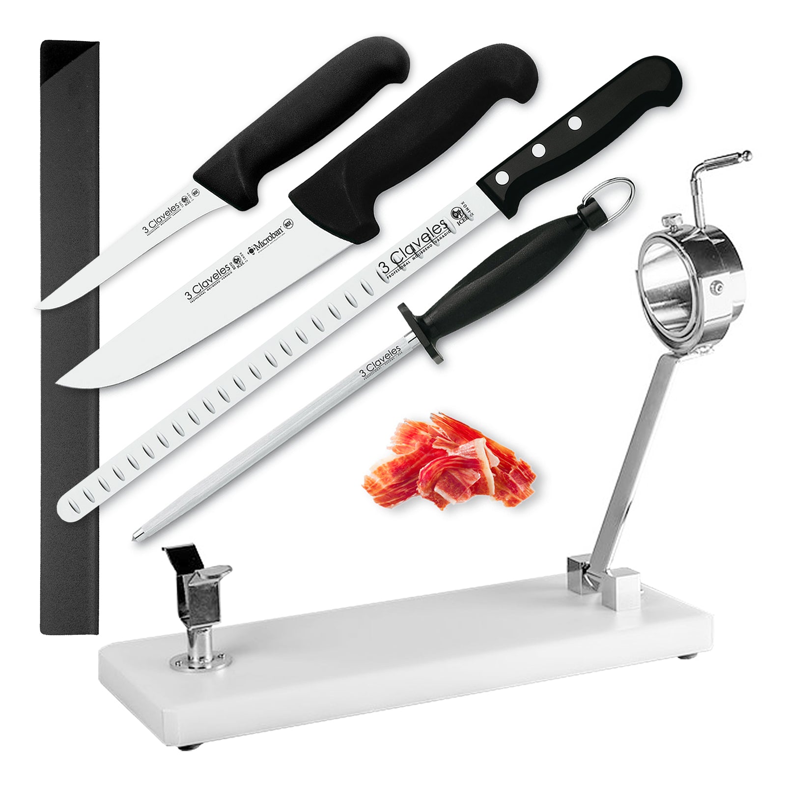 BELLO Mont Blanc - Soporte Jamonero Profesional Plegable. Cuchillos Pinzas y Chaira. Blanco