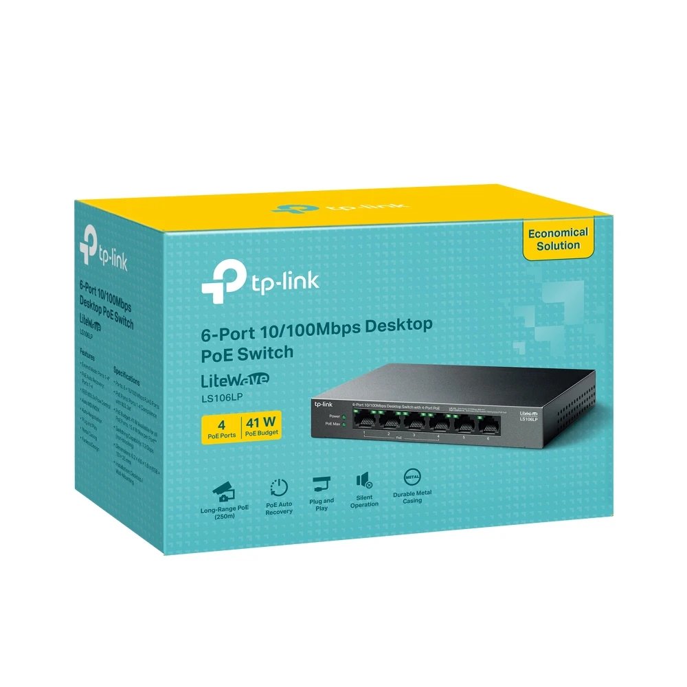 HUB Switch puertos 6 puertos RJ45 10/100 Mbps (4 puertos PoE 802.3af) TP-LINK LS106LP | Autonegociación, MDI/MDIX automático; soporta 10BASE-T y 100BASE-TX, Negro