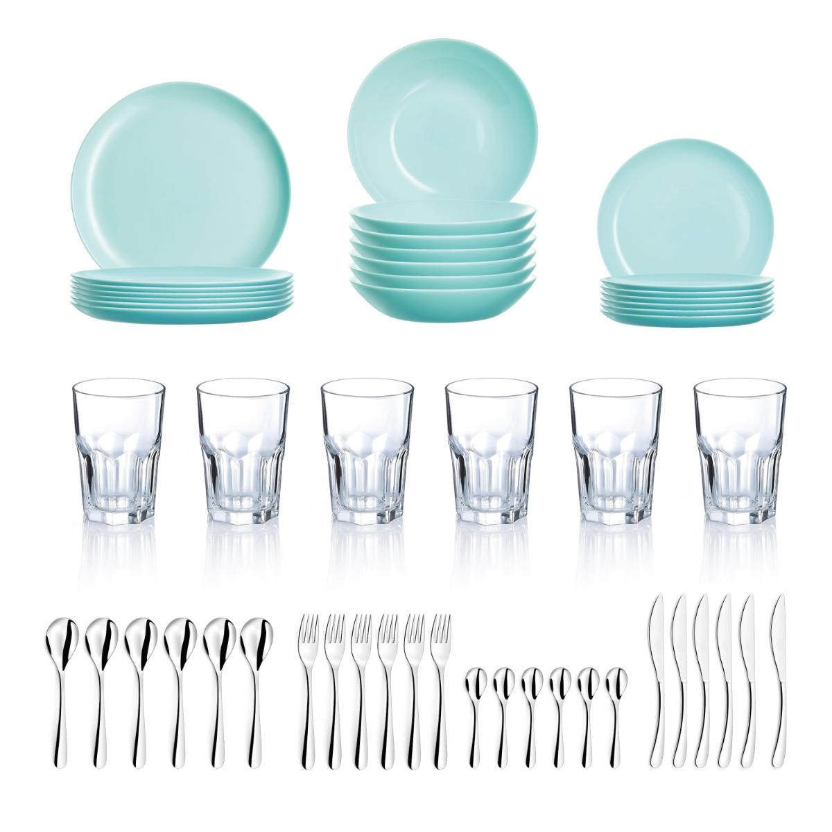 LUMINARC APARTAMENTO Set Apartamento 48 PIEZAS - 6 PERSONAS Turquesa Brillo Fácil de limpiar Ecológico