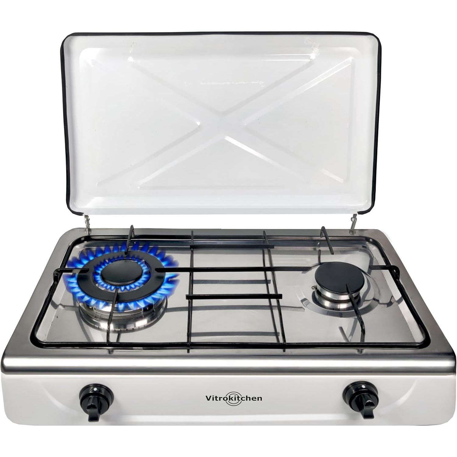 Vitrokitchen - Hornillo de Gas Butano o Propano | 2 Quemadores (1 Triple Corona 3,6 KW) | Encimera Acero Inoxidable Con Tapa Metálica | Uso Exterior | Pies Antideslizantes. Ideal para Cocinar en el Campo | Emergencias, Portátil | 60 x 33 x 14 cm