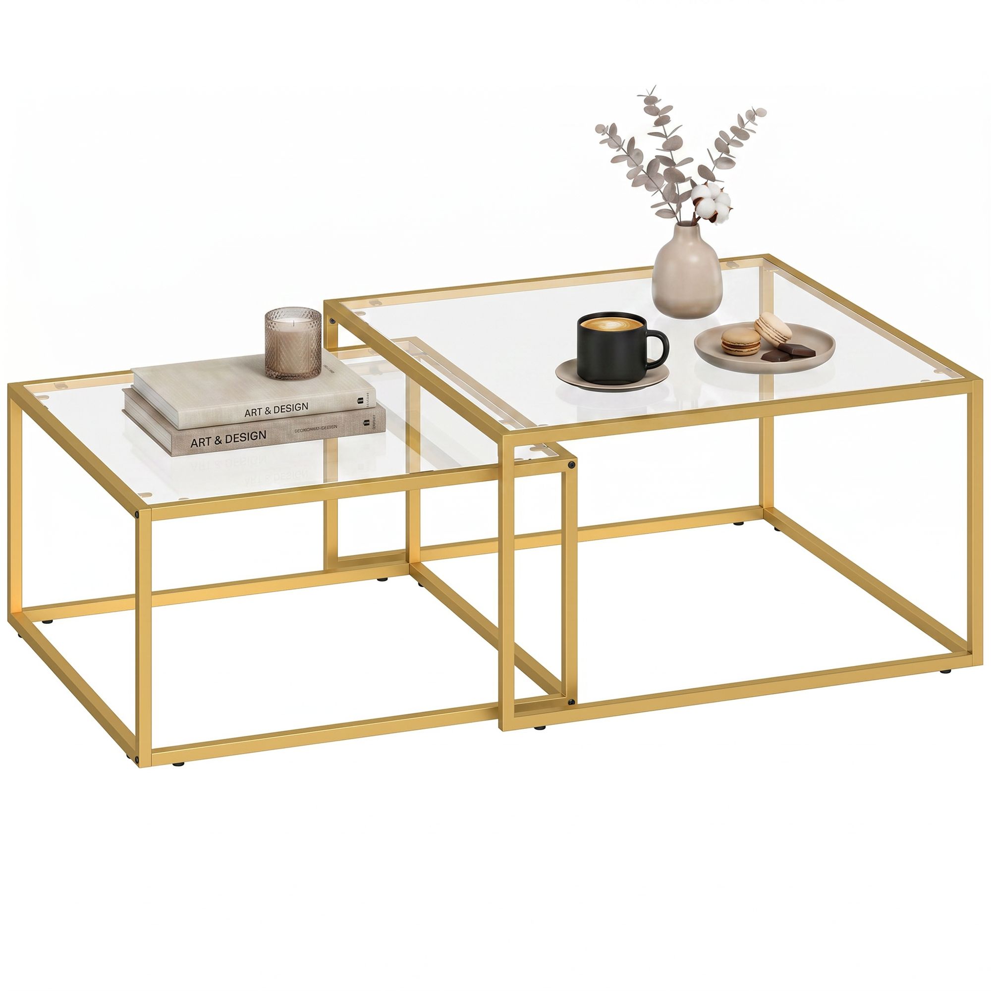 HOMCOM Set de 2 Mesas de Centro Cuadradas, Mesas Nido Modernas con Tablero de Vidrio Templado y Estructura Metálica, Ahorra Espacio, para Salón, Dormitorio u Oficina, 75x75x42 cm