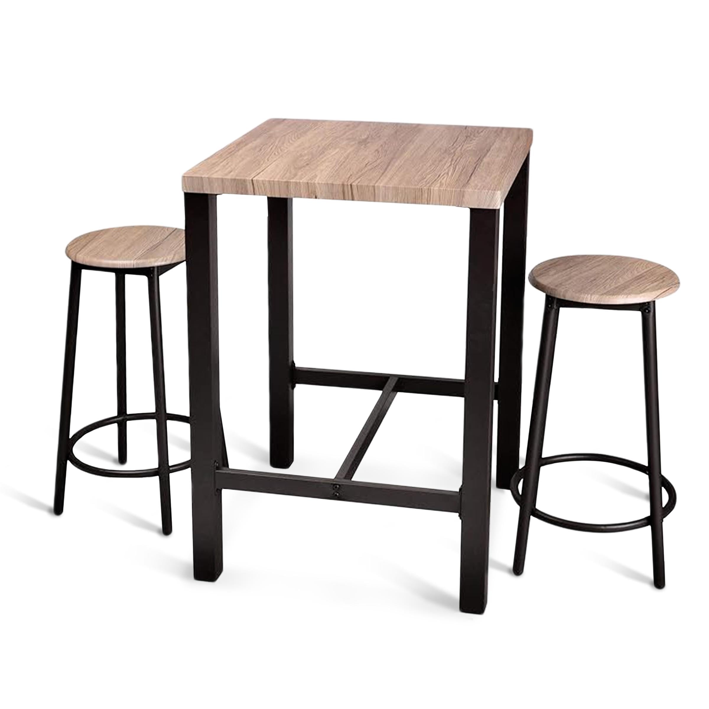 TIENDA EURASIA – Mesa Alta con 2 Taburetes | Diseño Nórdico | Estructura de Metal Color Negro con Madera MDF | 2 Medidas
