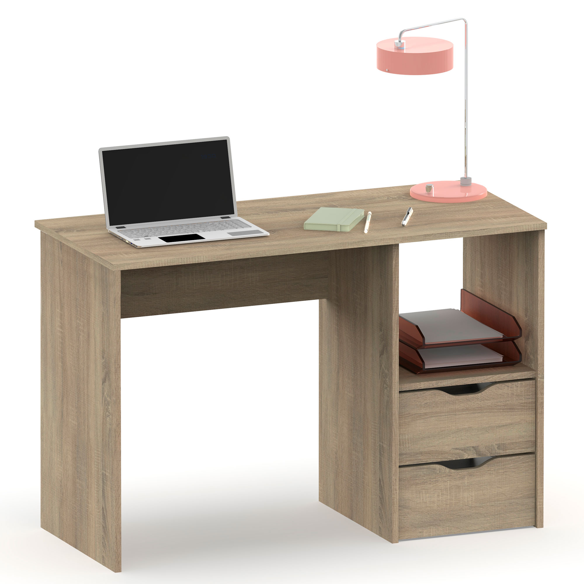 Briebe Prakt Escritorio, Mesa de Ordenador 76x115x50cm 2 Cajones, Oficina, Habitación Juvenil, Desk, Tocador, , Madera