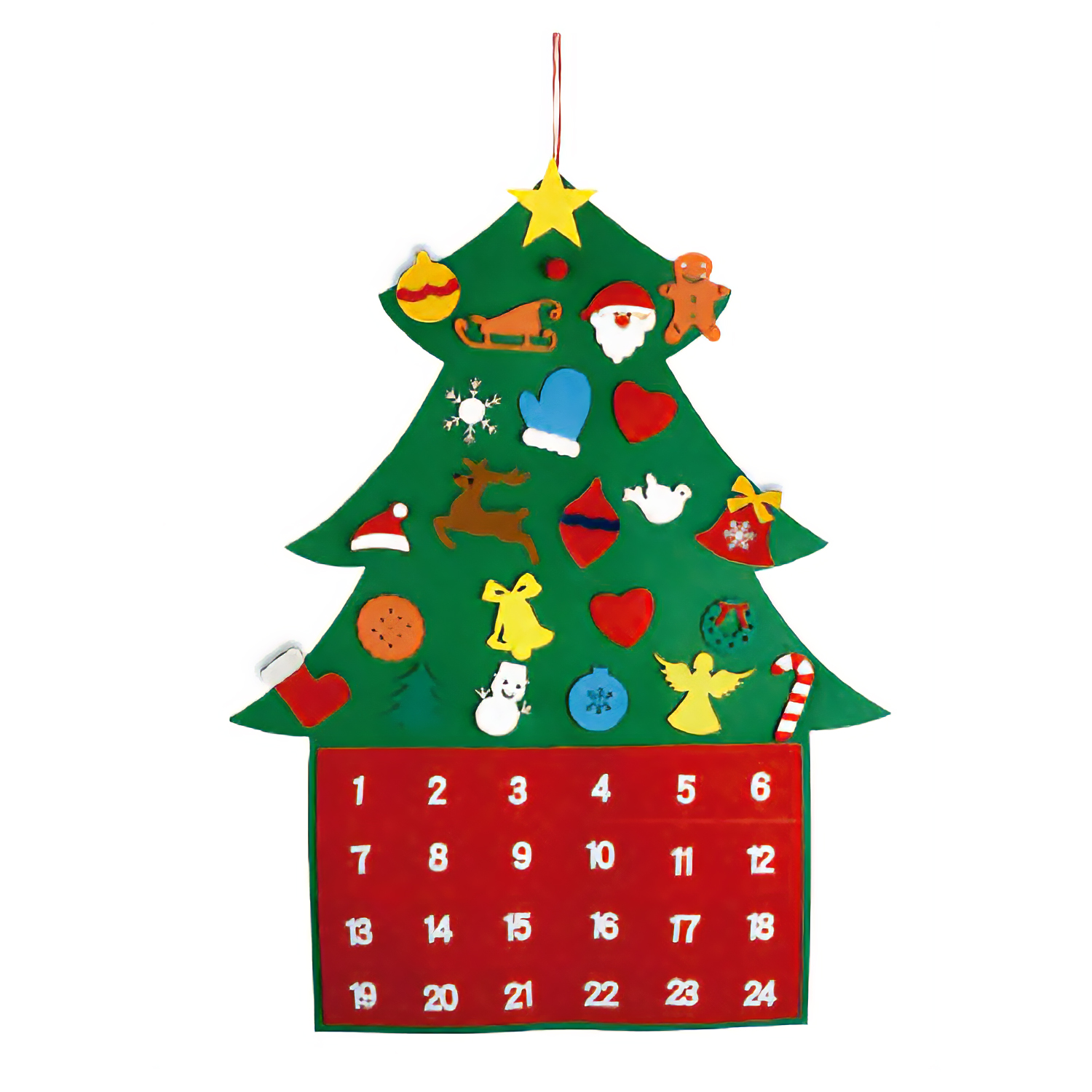 DAM. Calendario de Adviento de fieltro con forma de árbol de Navidad. Incluye 24 accesorios para decorar. 65.5x84.5 cm. 66x1x85cm