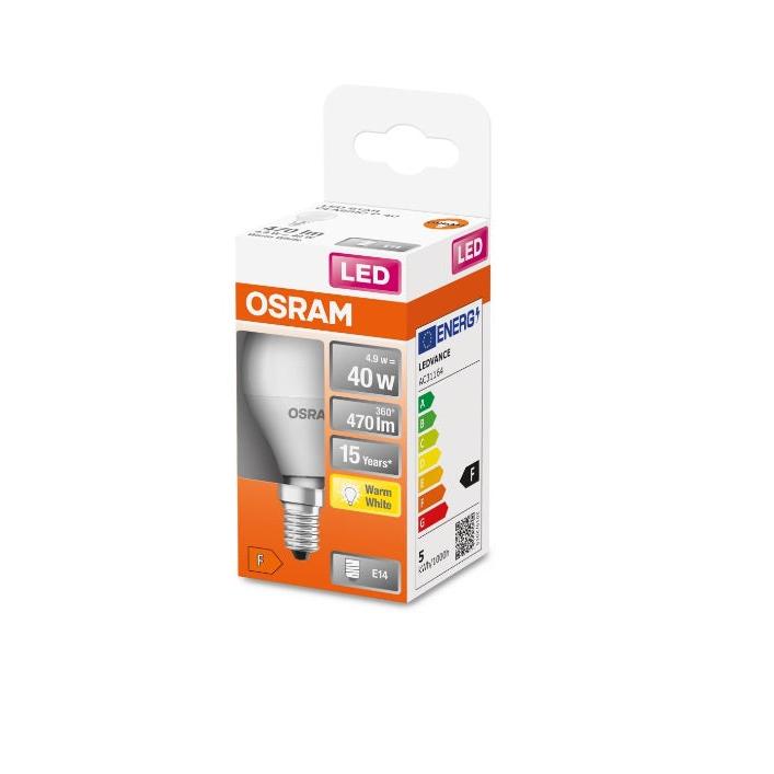 OSRAM - Bombilla LED esférica 4,9 W E-14 827 para lámparas de mesita de noche, techo y apliques de pared interior, 470 lm, 15.000 h, 79x45 mm